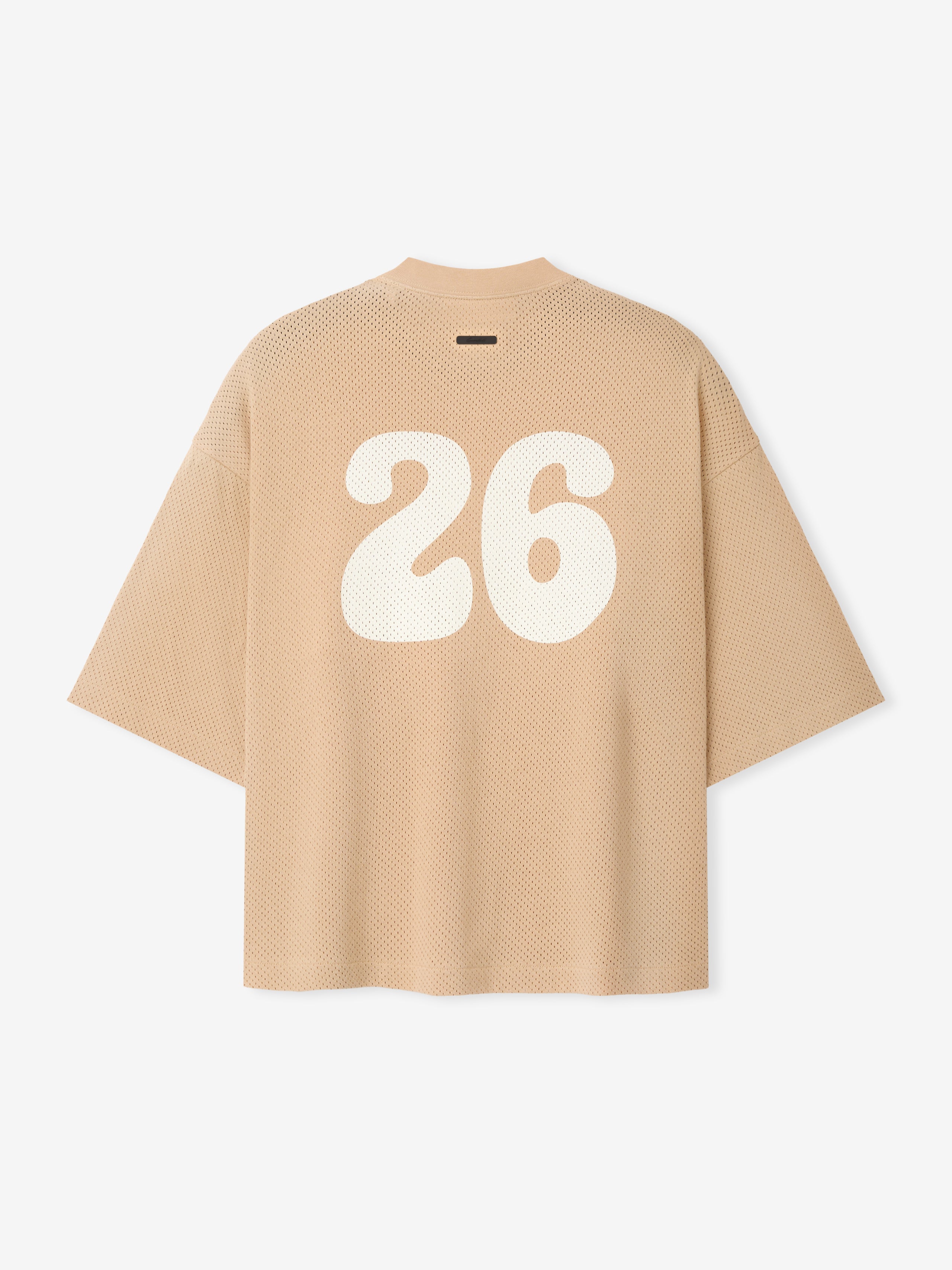 Womens Sport Mesh Merch Tee in warm beige featuring lightweight breathable mesh fabric with a large white retro-style number 26 printed on the back for a casual sporty look.