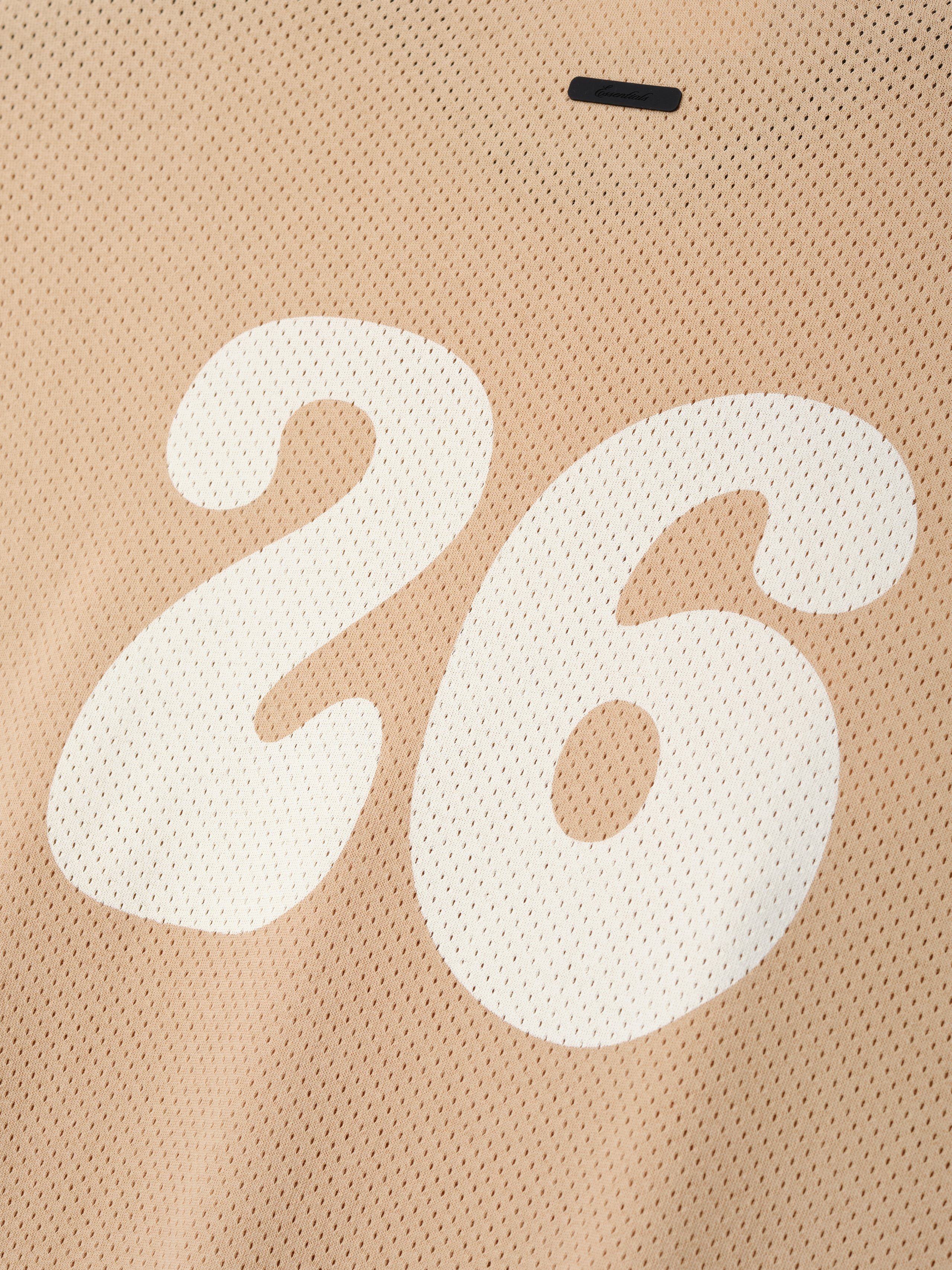 Womens Sport Mesh Merch Tee in warm neutral tone featuring lightweight breathable mesh fabric with a large white number 26 printed on the back for a sporty casual top.