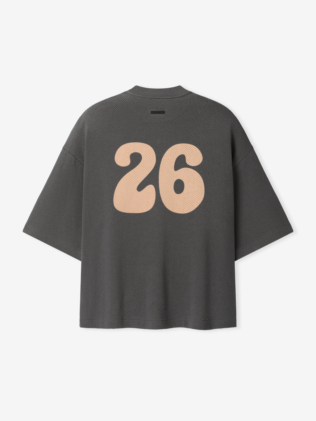 Womens Sport Mesh Merch Tee in dark iron grey featuring breathable textured mesh fabric and oversized peach-colored retro number 26 printed on the back for a casual sporty style.