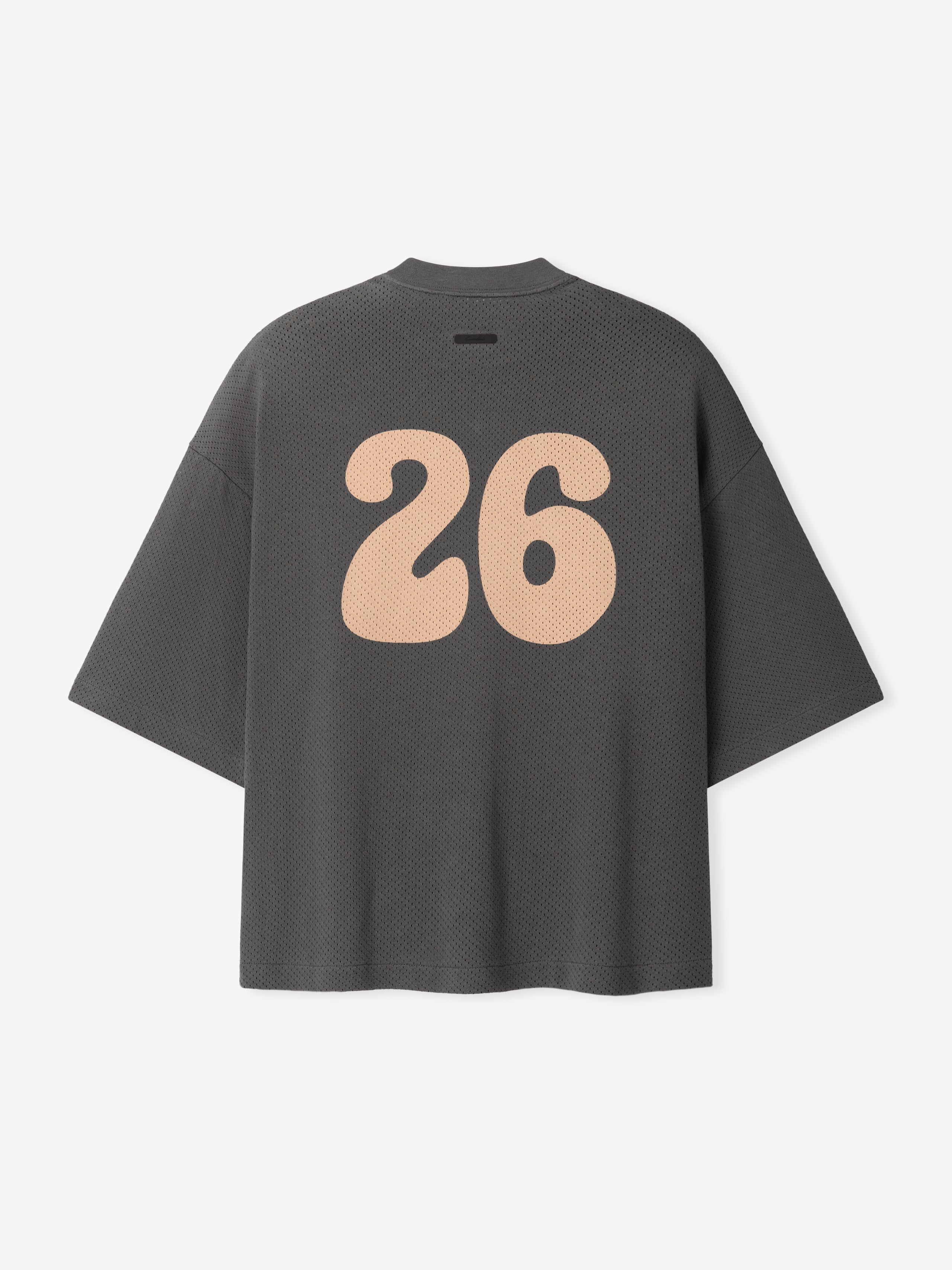 Womens Sport Mesh Merch Tee in dark iron grey featuring breathable textured mesh fabric and oversized peach-colored retro number 26 printed on the back for a casual sporty style.