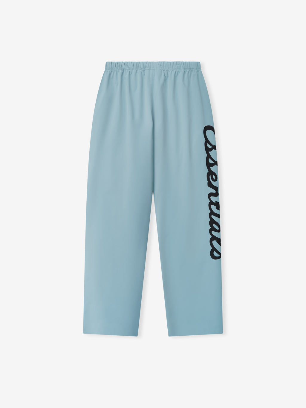 Mlb Relaxed Track Pant in soft blue with an elastic waistband and bold black script lettering running vertically down the left leg, designed as comfortable casual bottoms.