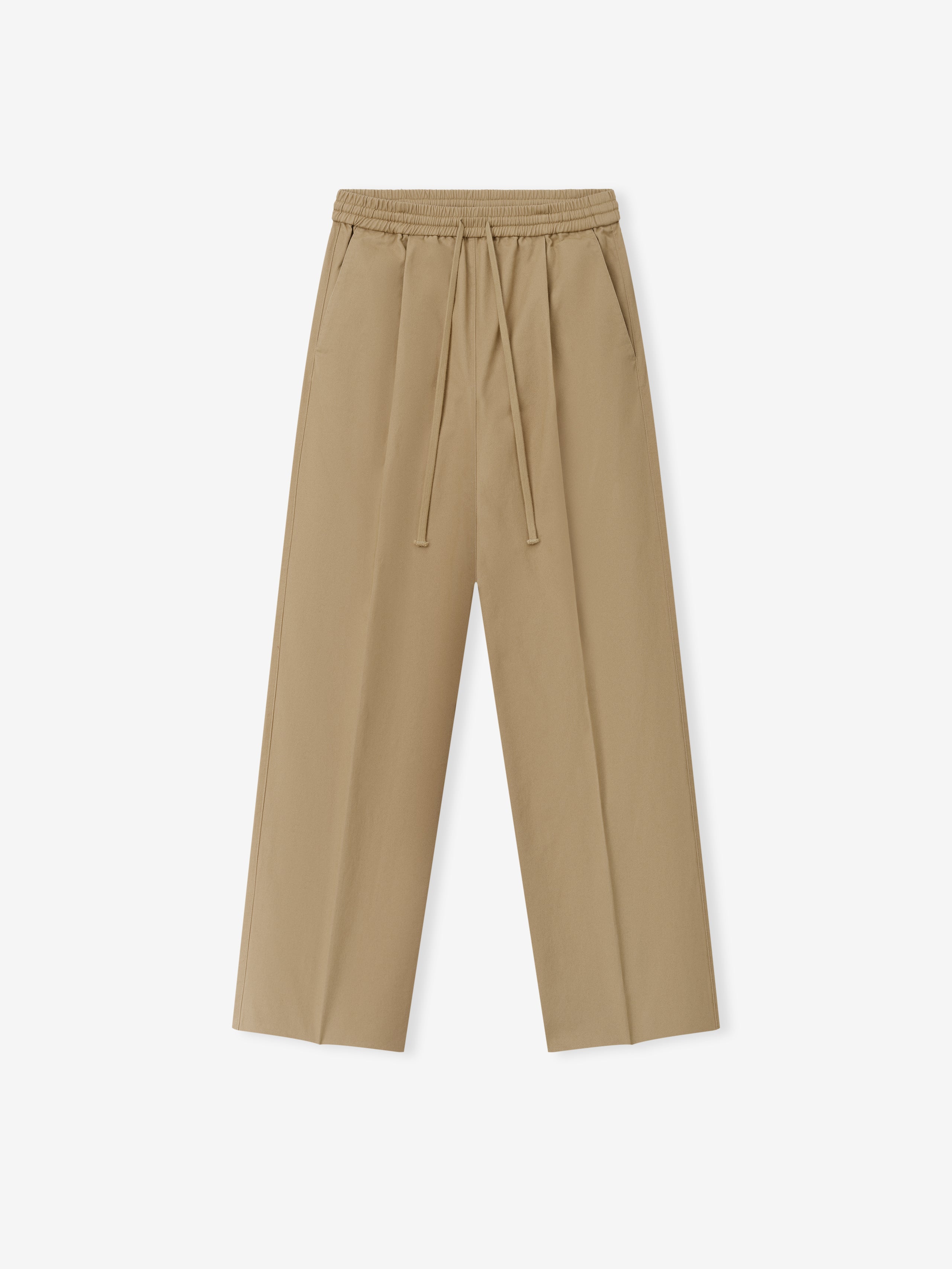 Womens Cotton Twill Pleat Front Drawstring Pant in a warm dune shade, featuring front pleats, an adjustable drawstring waistband with elastic, and a relaxed straight-leg cut for versatile bottoms.