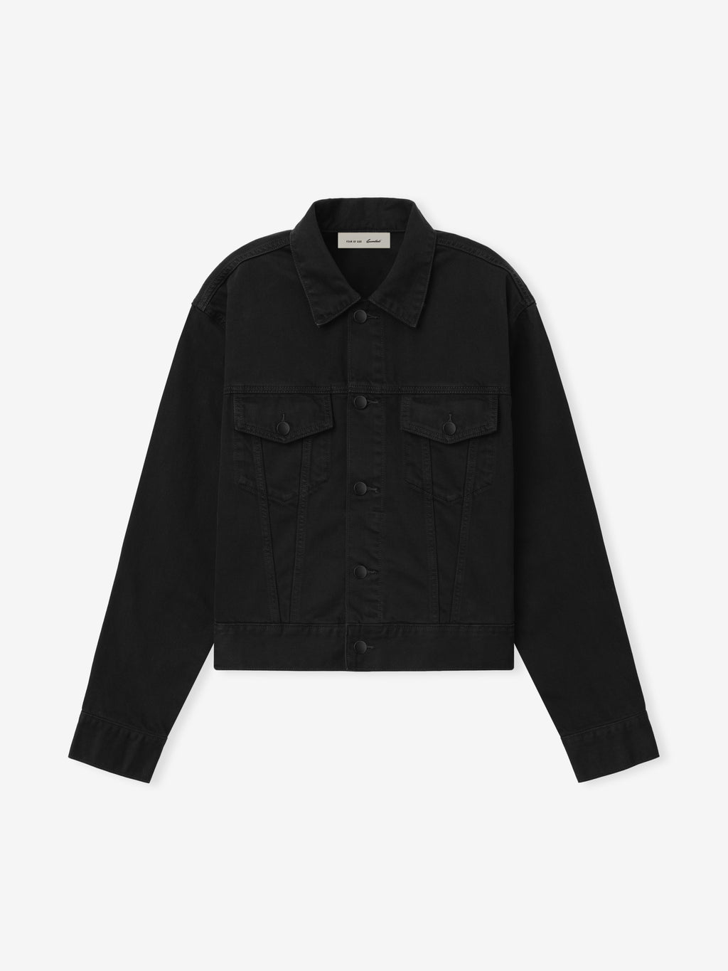 Classic Denim Jacket in a rich black hue featuring a structured collar, button-front closure, chest flap pockets, and durable denim fabric for versatile outerwear style.