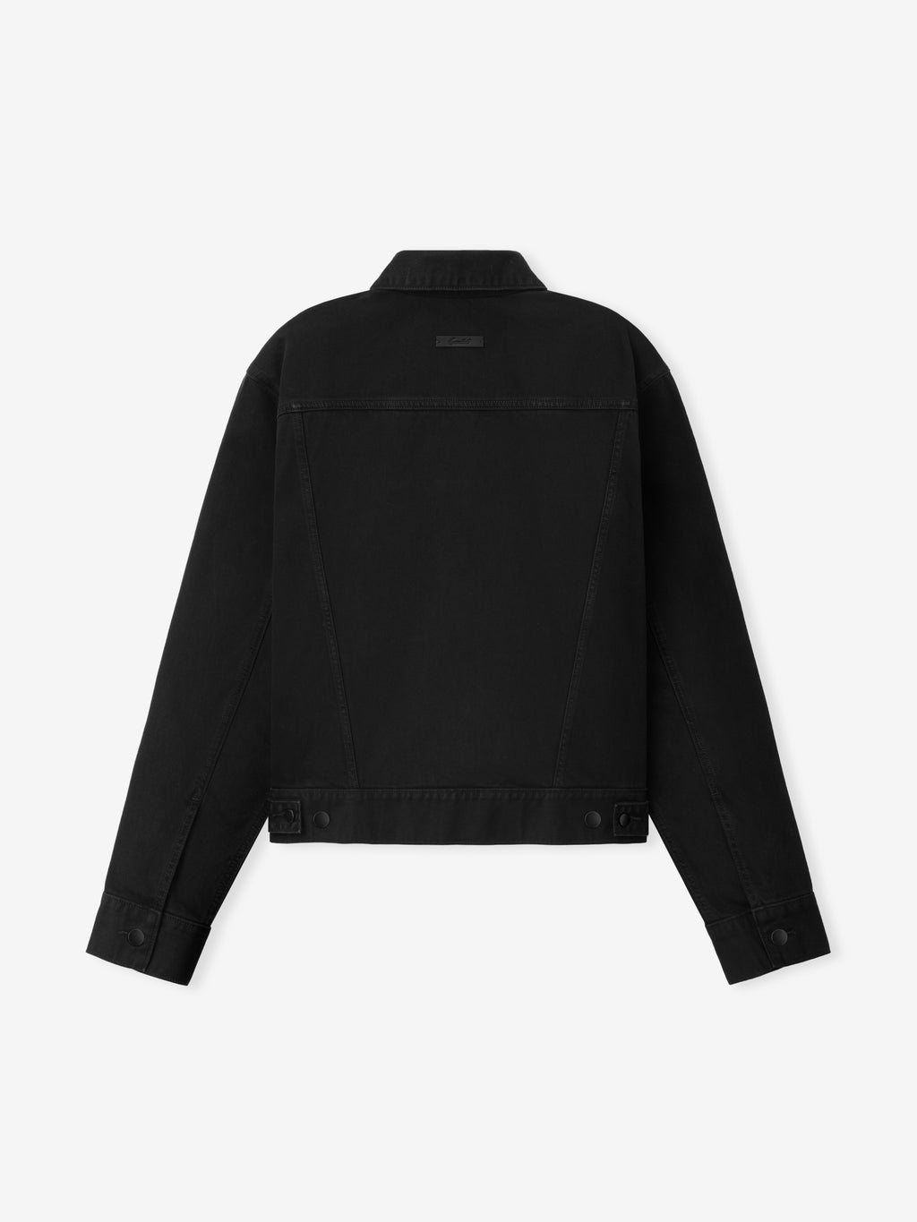 Classic Denim Jacket in a deep black wash featuring a clean back design, adjustable waistband tabs, and durable denim fabric for versatile outerwear layering.