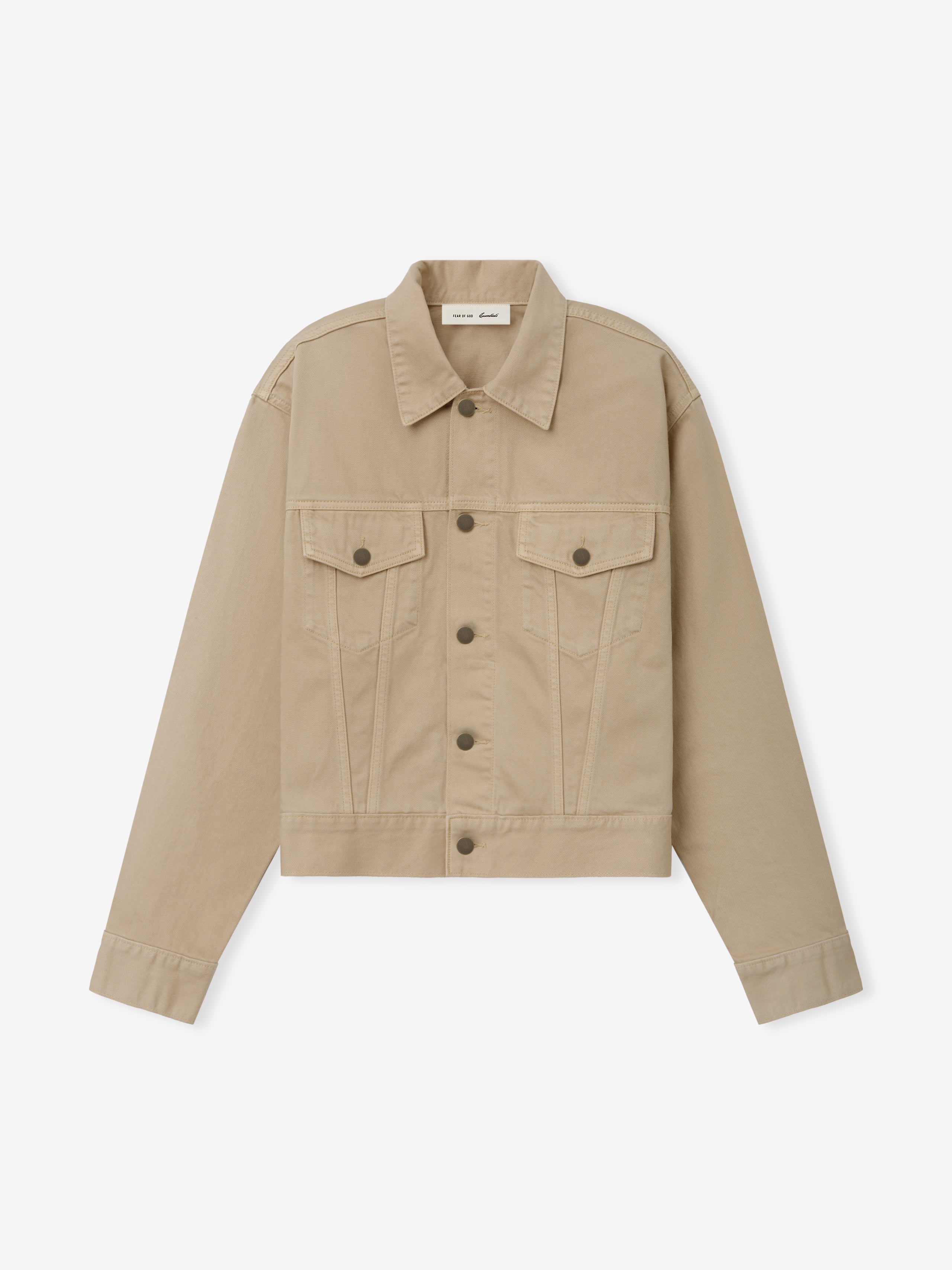Classic Denim Jacket in a muted dune tone featuring a pointed collar, button-front closure, flap chest pockets, and durable cotton fabric for versatile outerwear layering.