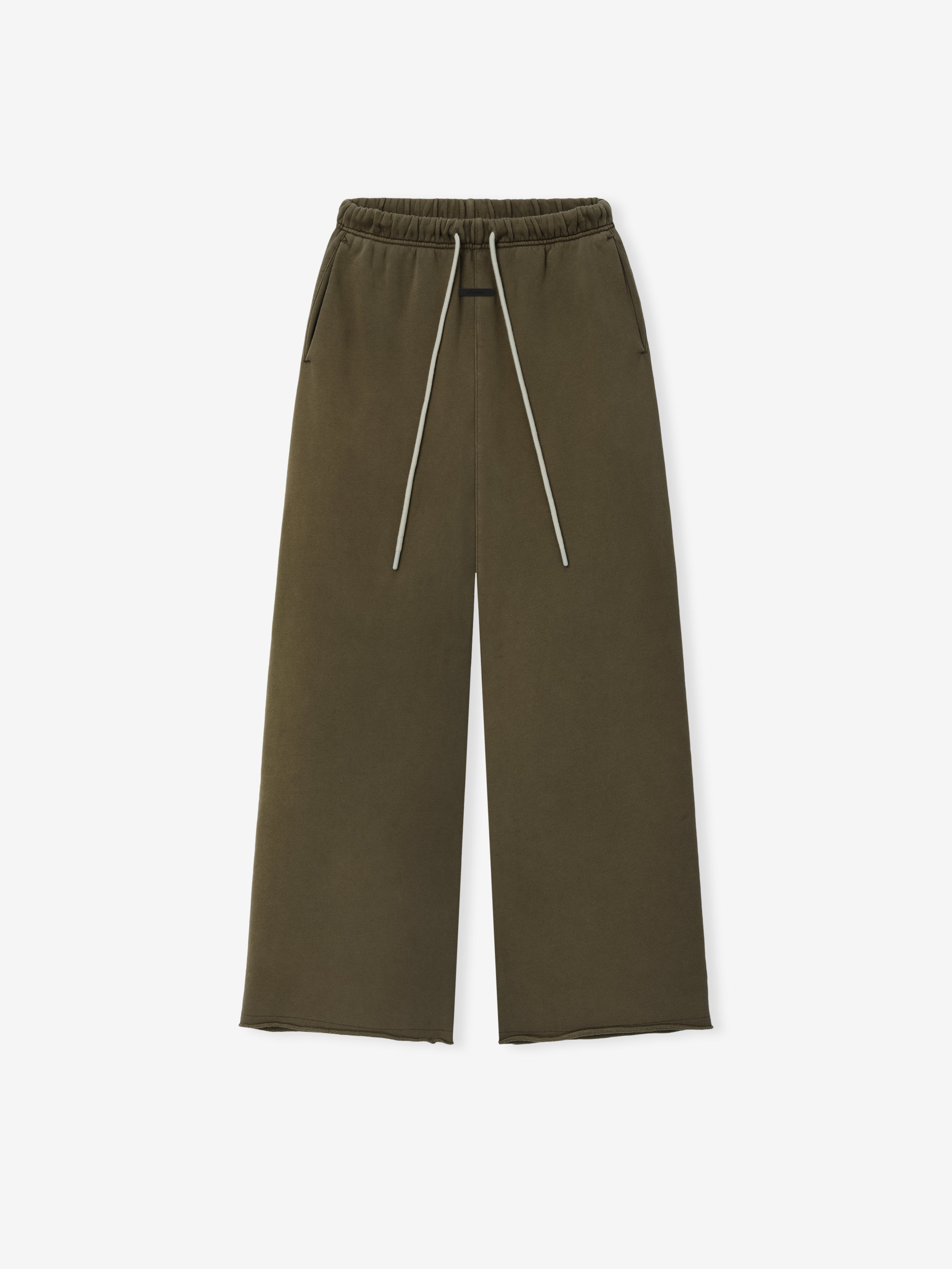 Womens French Terry Raw Cut Lounge Fit Sweatpant in a muted moss green shade, featuring an elastic waistband with drawstrings, side pockets, and a relaxed wide-leg silhouette for comfortable bottoms.