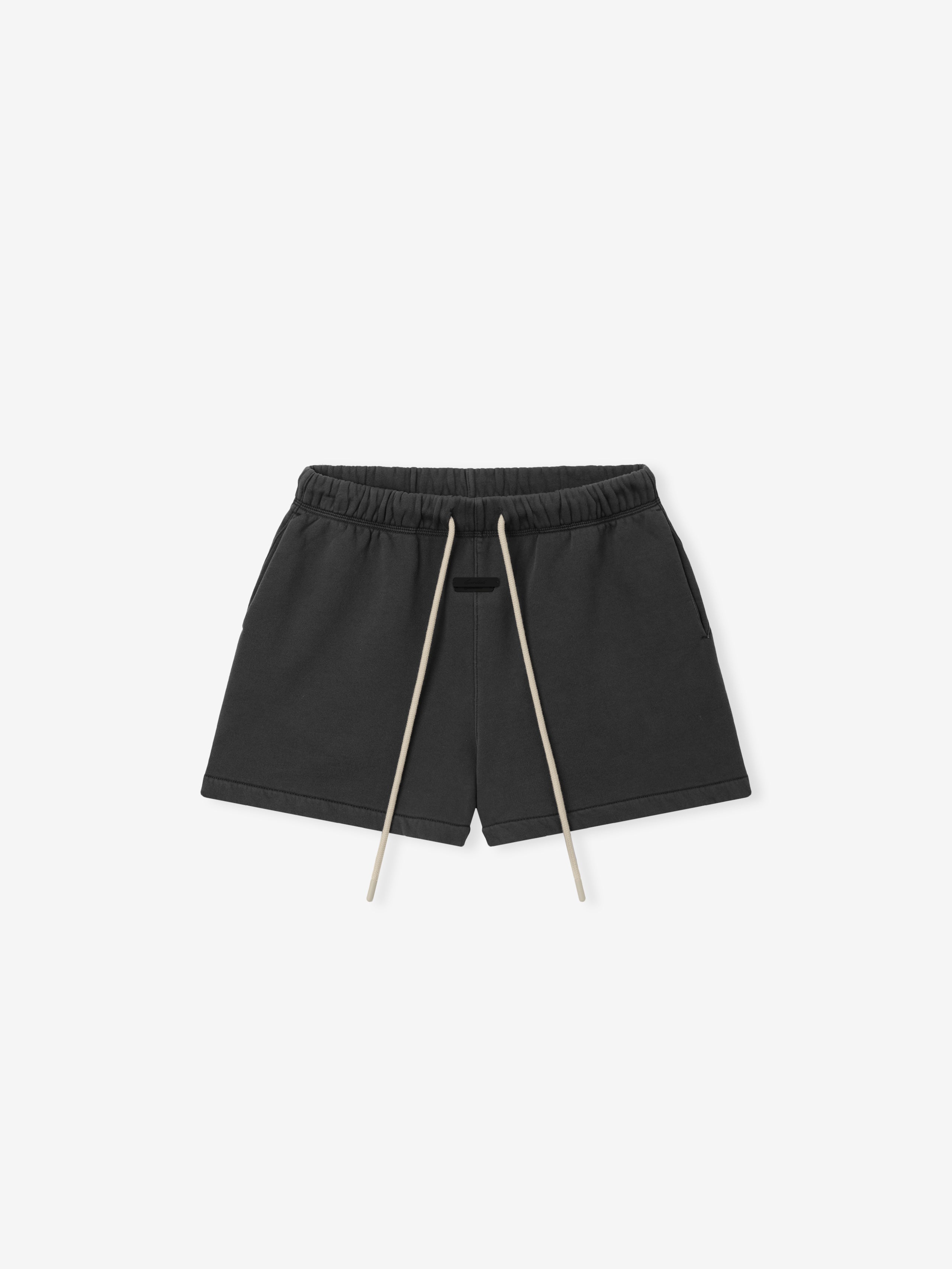 Womens Classic Fit Short in a washed dark grey shade featuring an elastic waistband with long drawstrings, side pockets, and a streamlined relaxed silhouette for casual comfort.