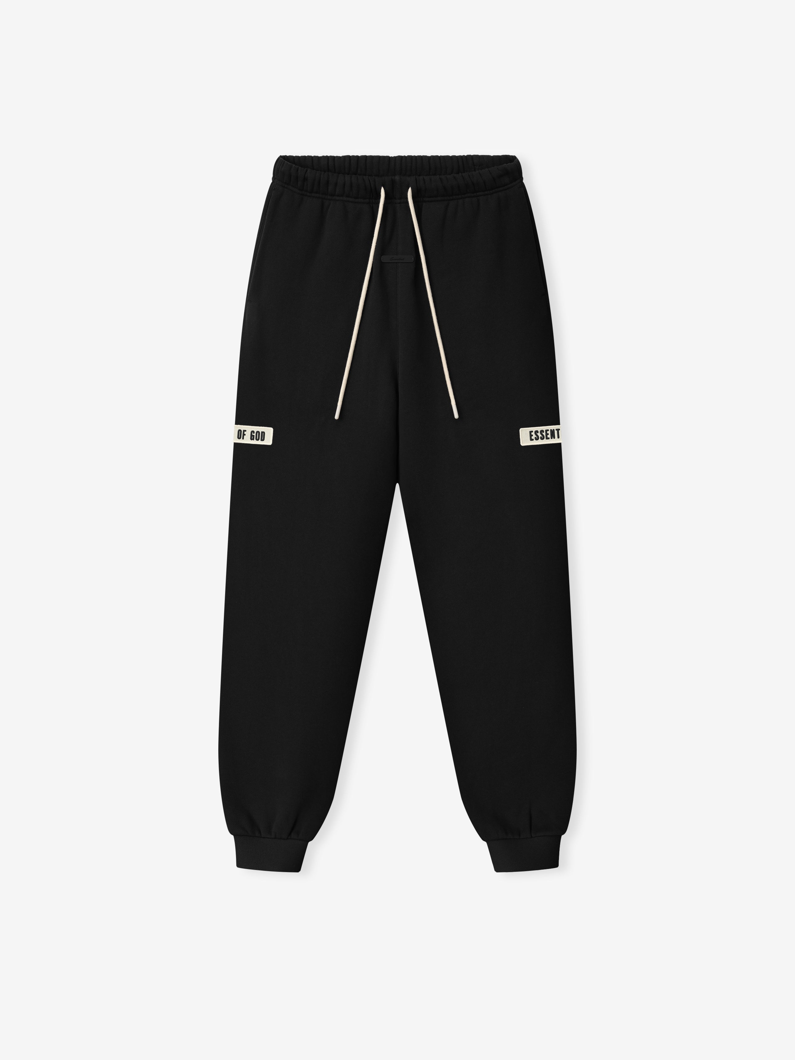 Classic Fit Sweatpant in vintage black featuring an elastic waistband with contrasting drawstrings, branded side patches, and cuffed hems for a relaxed, comfortable fit in casual bottoms.