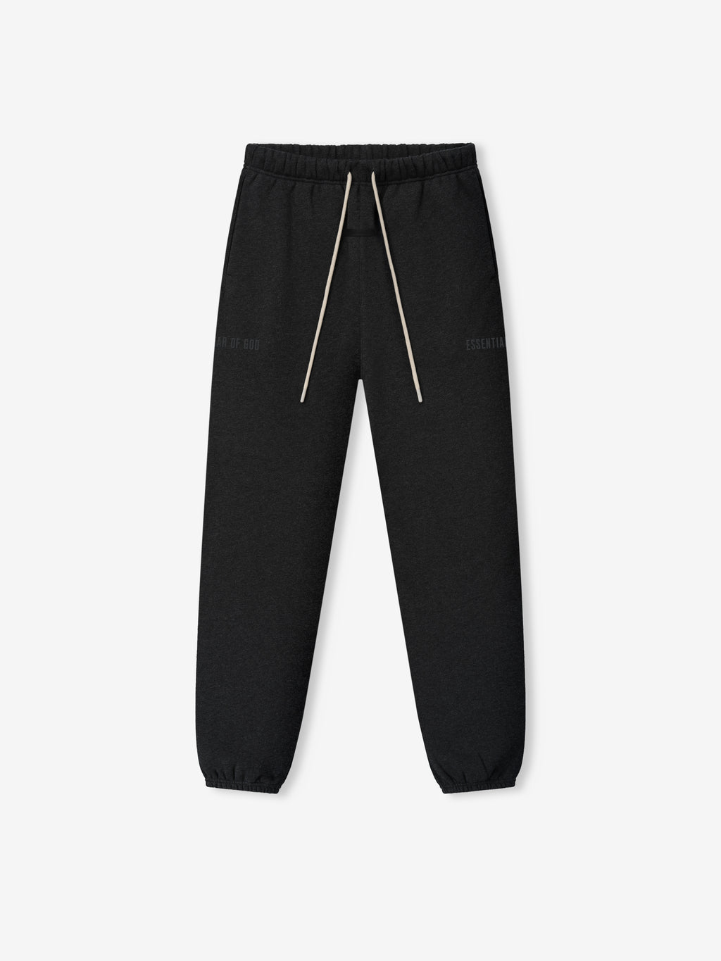 Classic Fleece Sweatpant in deep black featuring an elastic waistband with long beige drawstrings, relaxed fit, subtle tonal side logos, and cuffed ankle hems for cozy casual bottoms.