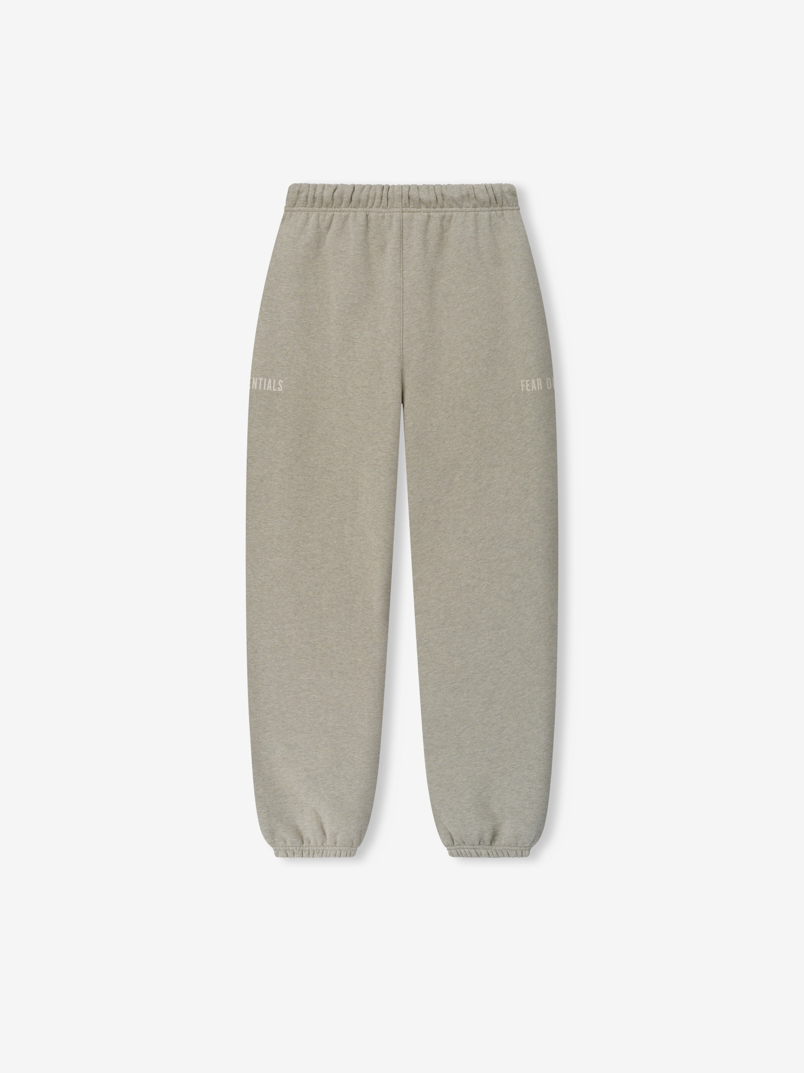 Classic Fleece Sweatpant in a light neutral heather tone with a relaxed fit, elastic waistband and cuffs, and subtle branded text on the front sides for casual bottoms.