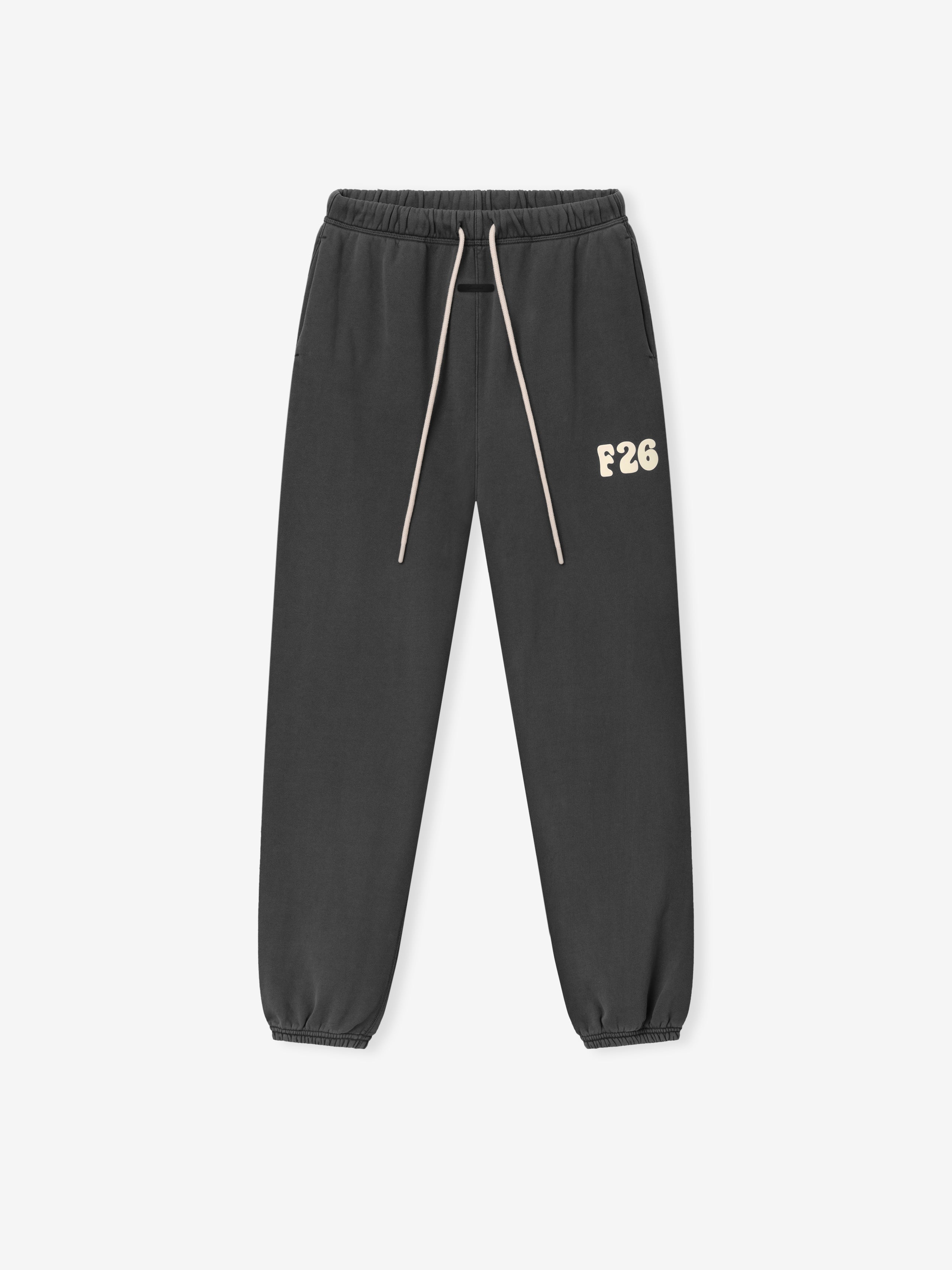 Womens Classic Fleece Sweatpant in washed dark grey featuring an elastic waistband with beige drawstrings, side pockets, cuffed ankles, and a small light-colored F26 logo on the thigh.