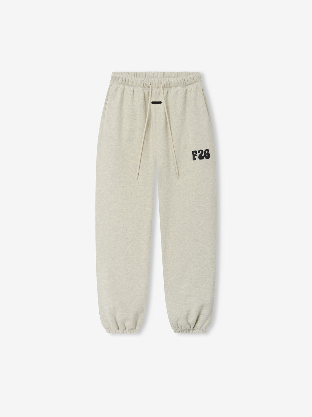 Womens Classic Fleece Sweatpant in a light heathered vanilla shade featuring an adjustable drawstring waist, elastic cuffs, side pockets, and a bold F26 logo on the thigh for comfortable casual bottoms.