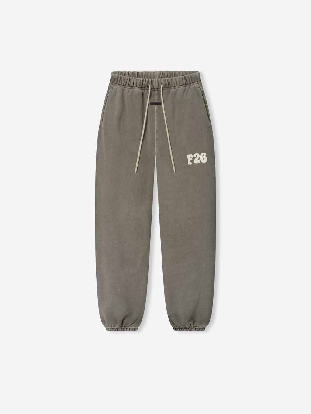 Womens Classic Fleece Sweatpant in a muted washed seal color featuring an elastic waistband with contrasting drawstrings, side pockets, elastic cuffs, and a bold F26 logo on the thigh for stylish casual bottoms.