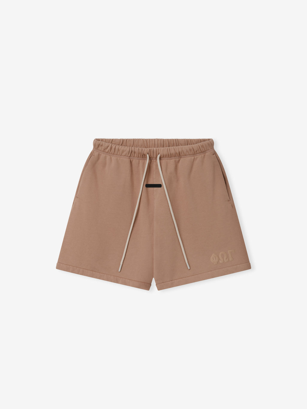 Classic Sweatshort in a washed ginger hue, featuring an elastic waistband with long drawstrings, side pockets, and a subtle tonal logo on the lower left leg for casual bottoms.