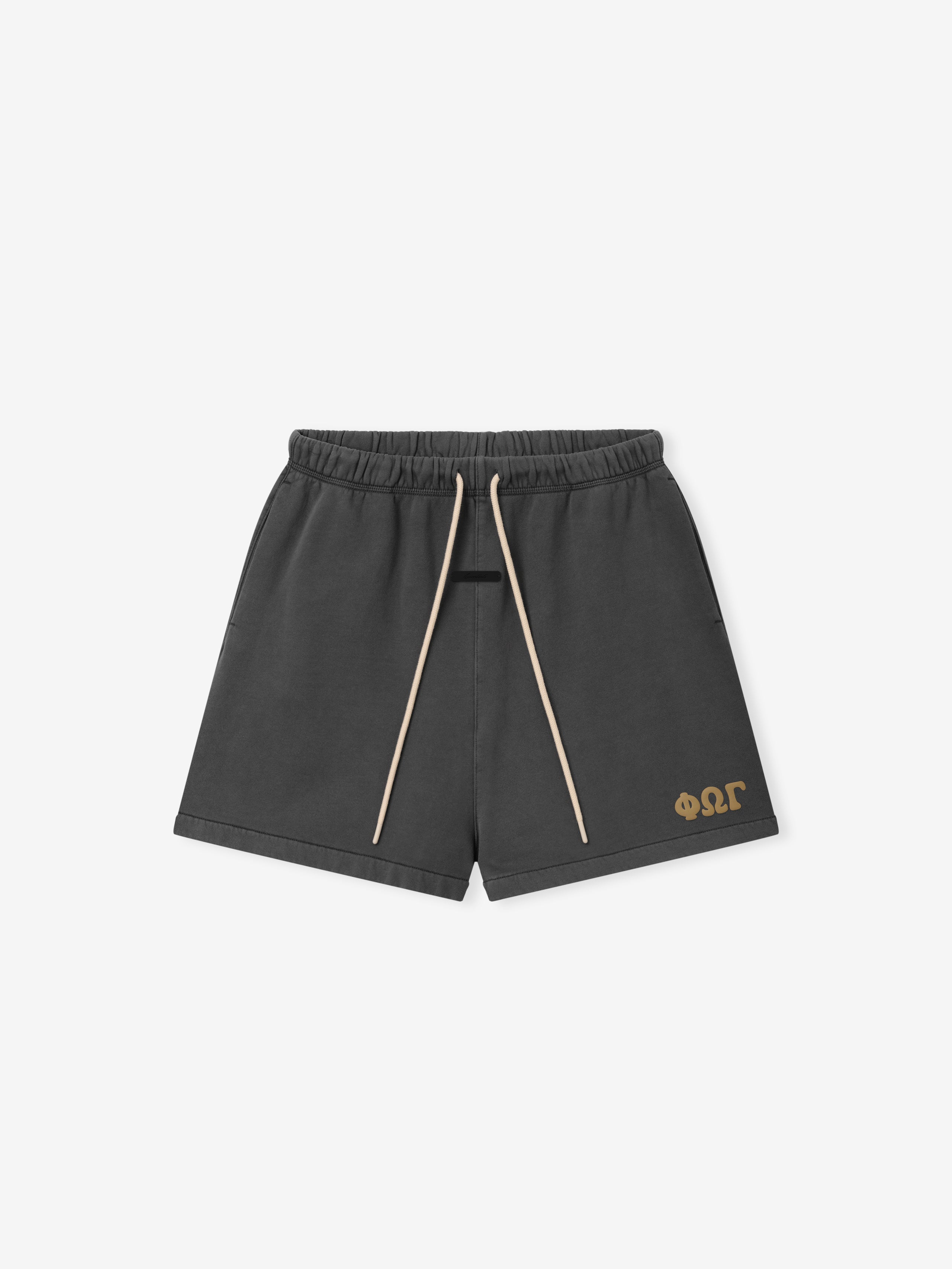 Classic Sweatshort in a washed iron grey shade featuring an elastic waistband with long natural drawstrings and a small gold logo on the front hem, designed for casual bottoms.