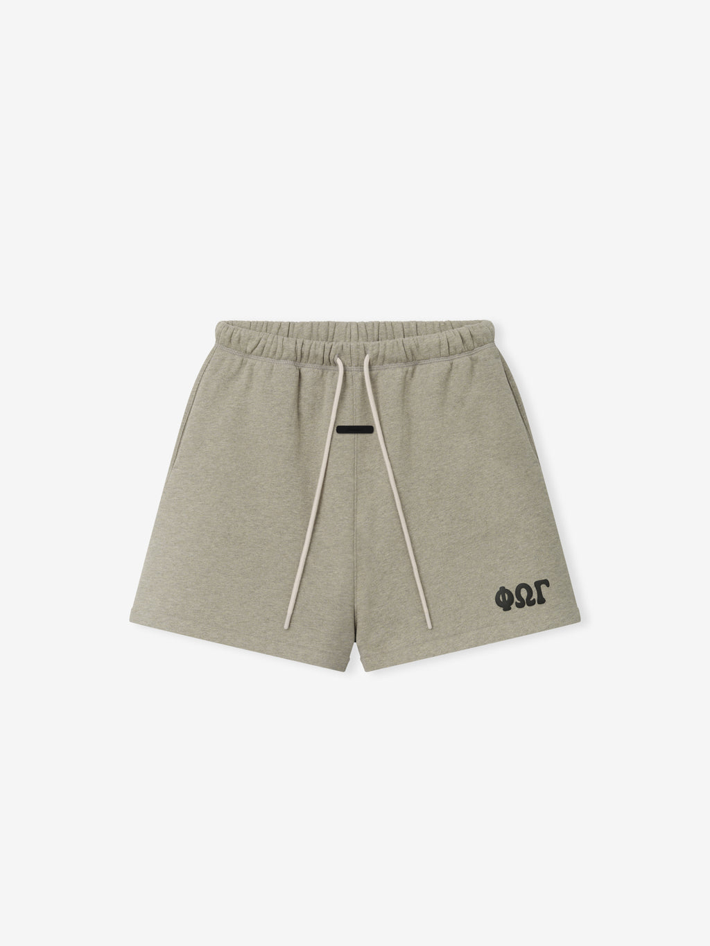Classic Sweatshort in a soft washed seal heather tone, featuring an elastic waistband with contrasting long drawstrings and a bold printed logo on the lower hem for casual bottoms.