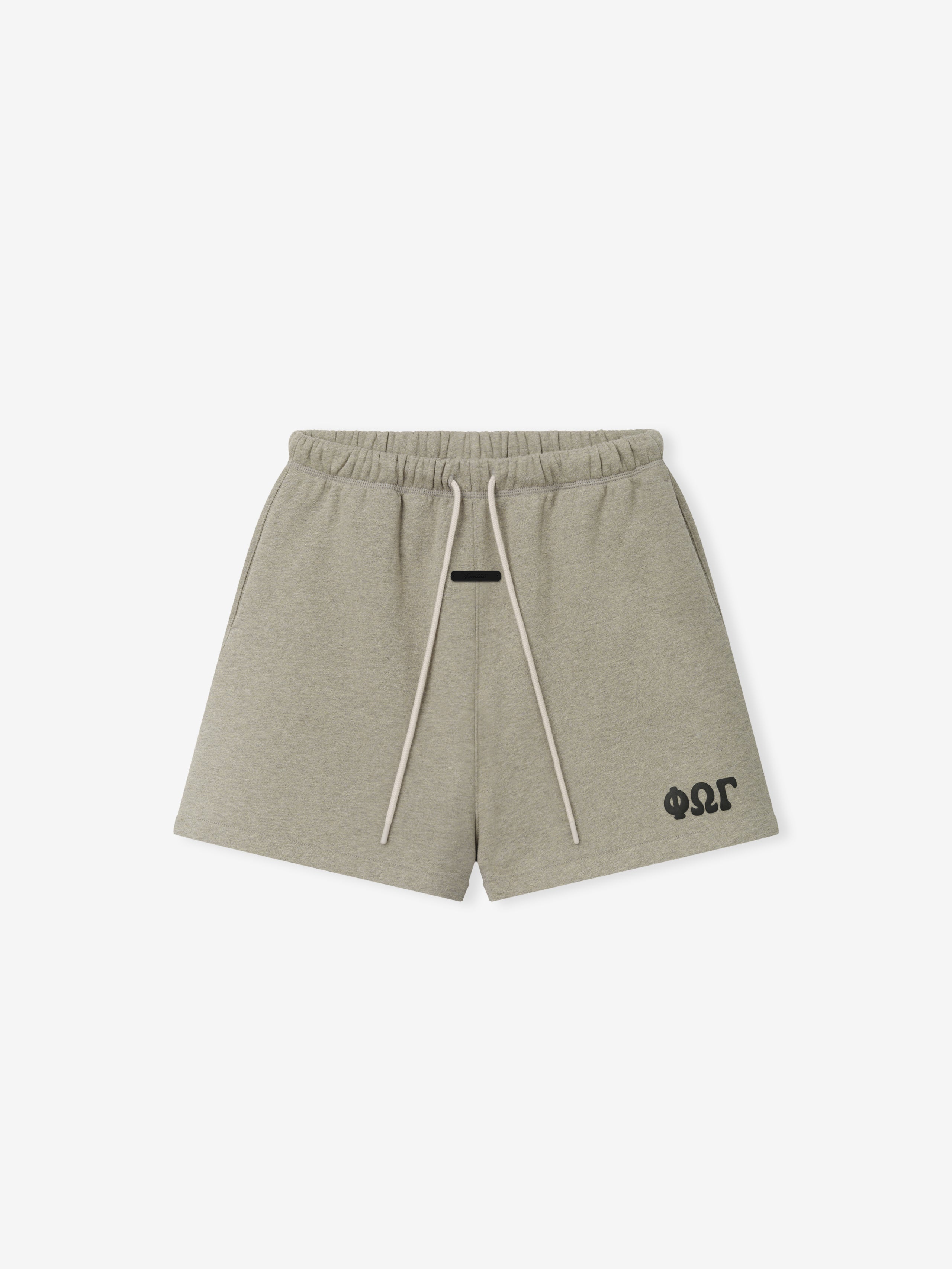 Classic Sweatshort in a soft washed seal heather tone, featuring an elastic waistband with contrasting long drawstrings and a bold printed logo on the lower hem for casual bottoms.