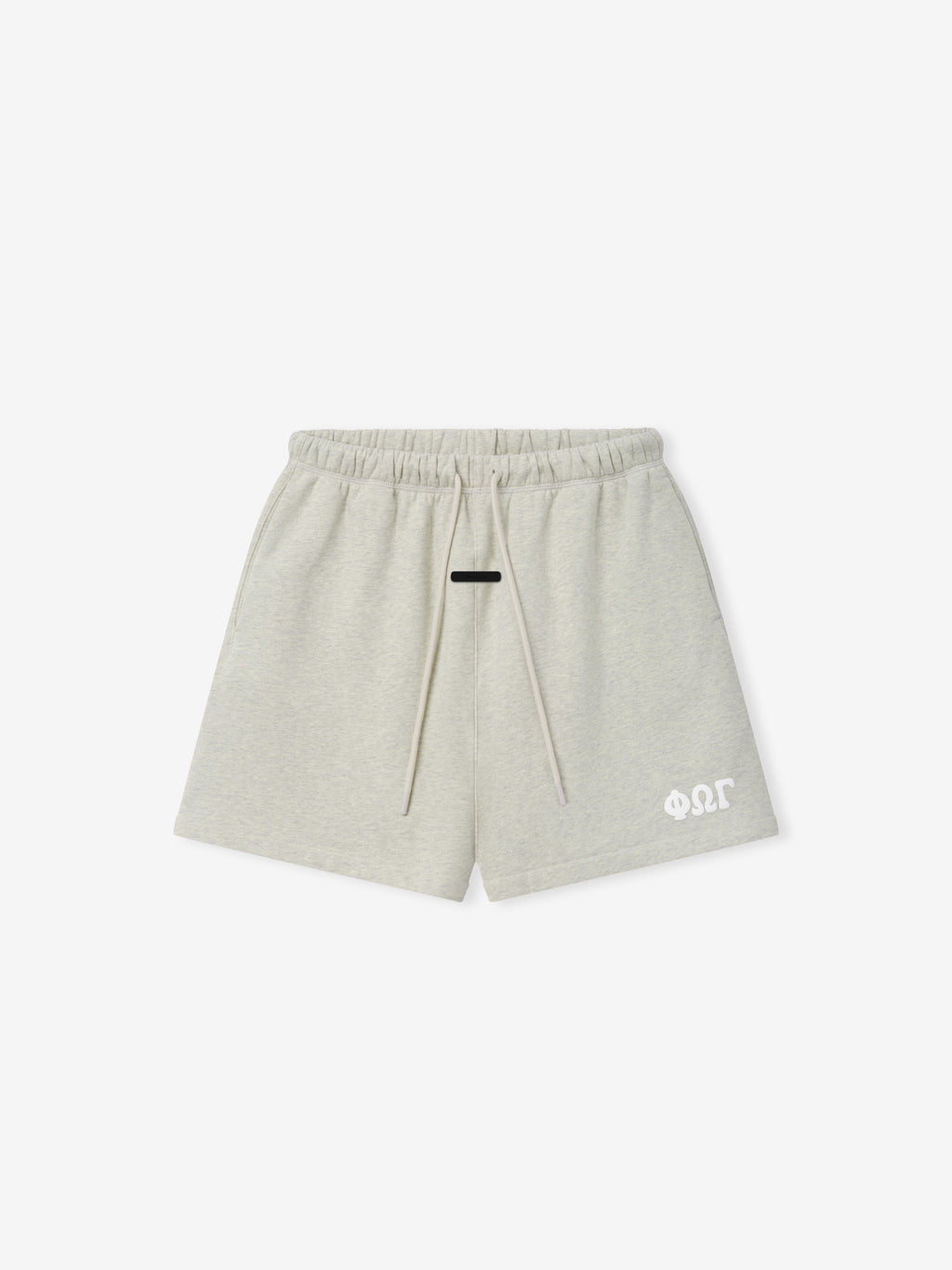 Classic Sweatshort in a soft washed vanilla heather shade, designed with an elastic waistband, long drawstrings, side pockets, and a small white logo on the lower left leg for casual bottoms.