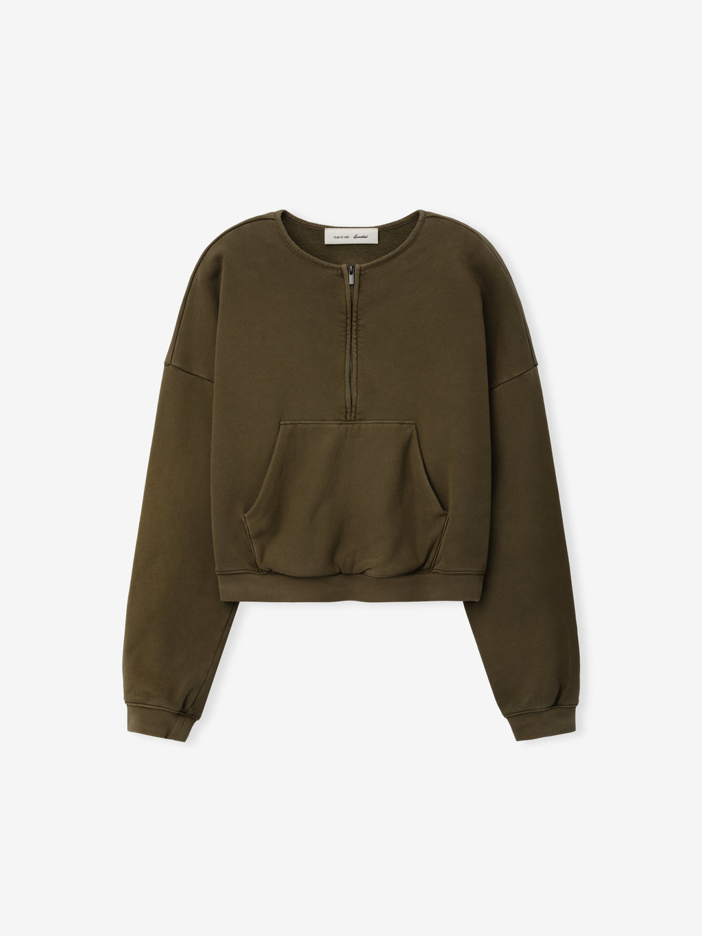 Womens French Terry Relaxed Half Zip in a muted moss green shade, featuring a half-zip front, crew neckline, kangaroo pocket, and ribbed cuffs for a casual, comfortable top.