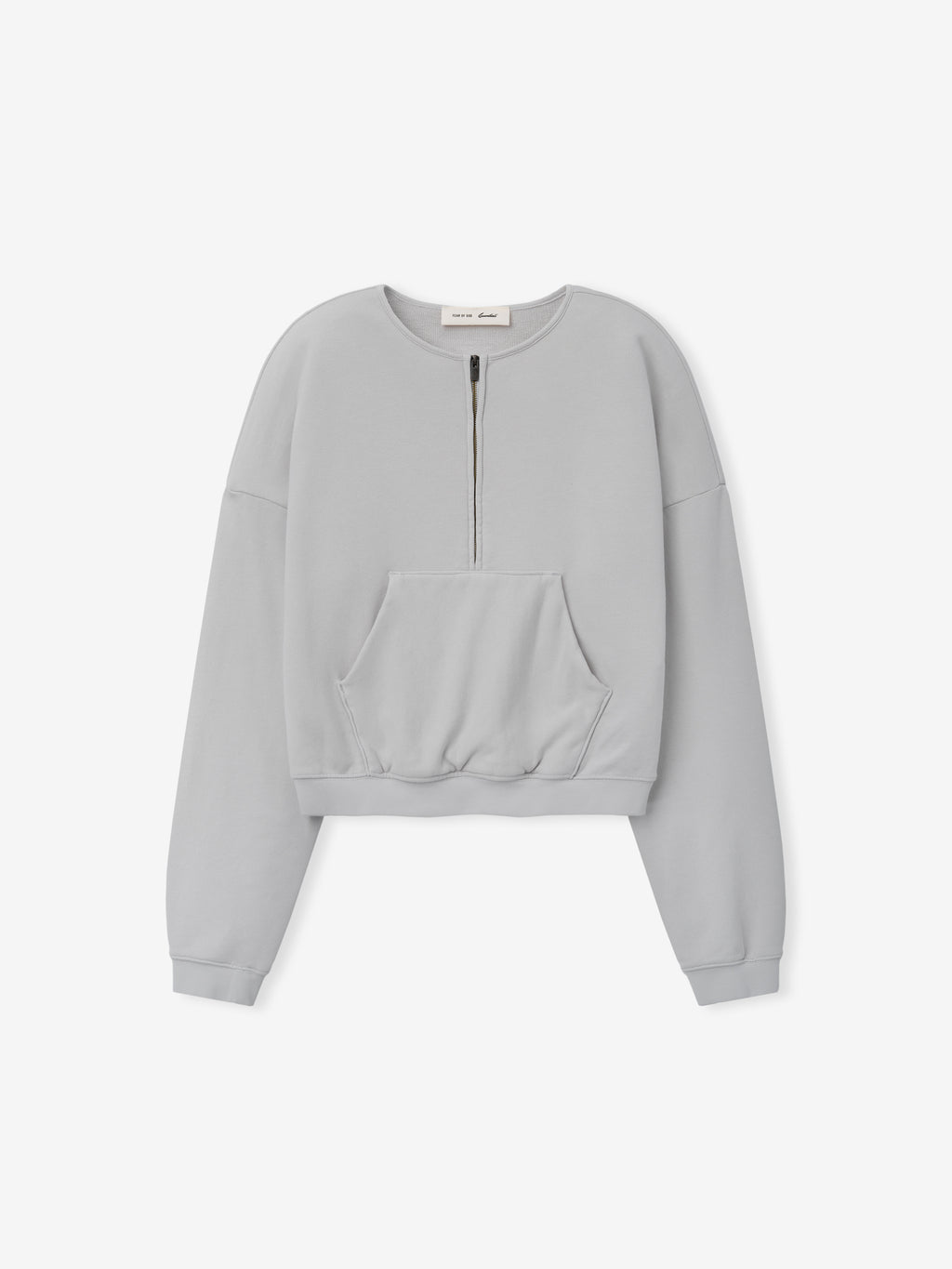 Womens French Terry Relaxed Half Zip in a soft washed overcast grey, featuring a half-zip front, crew neckline, kangaroo pocket, and ribbed cuffs for a cozy casual top.