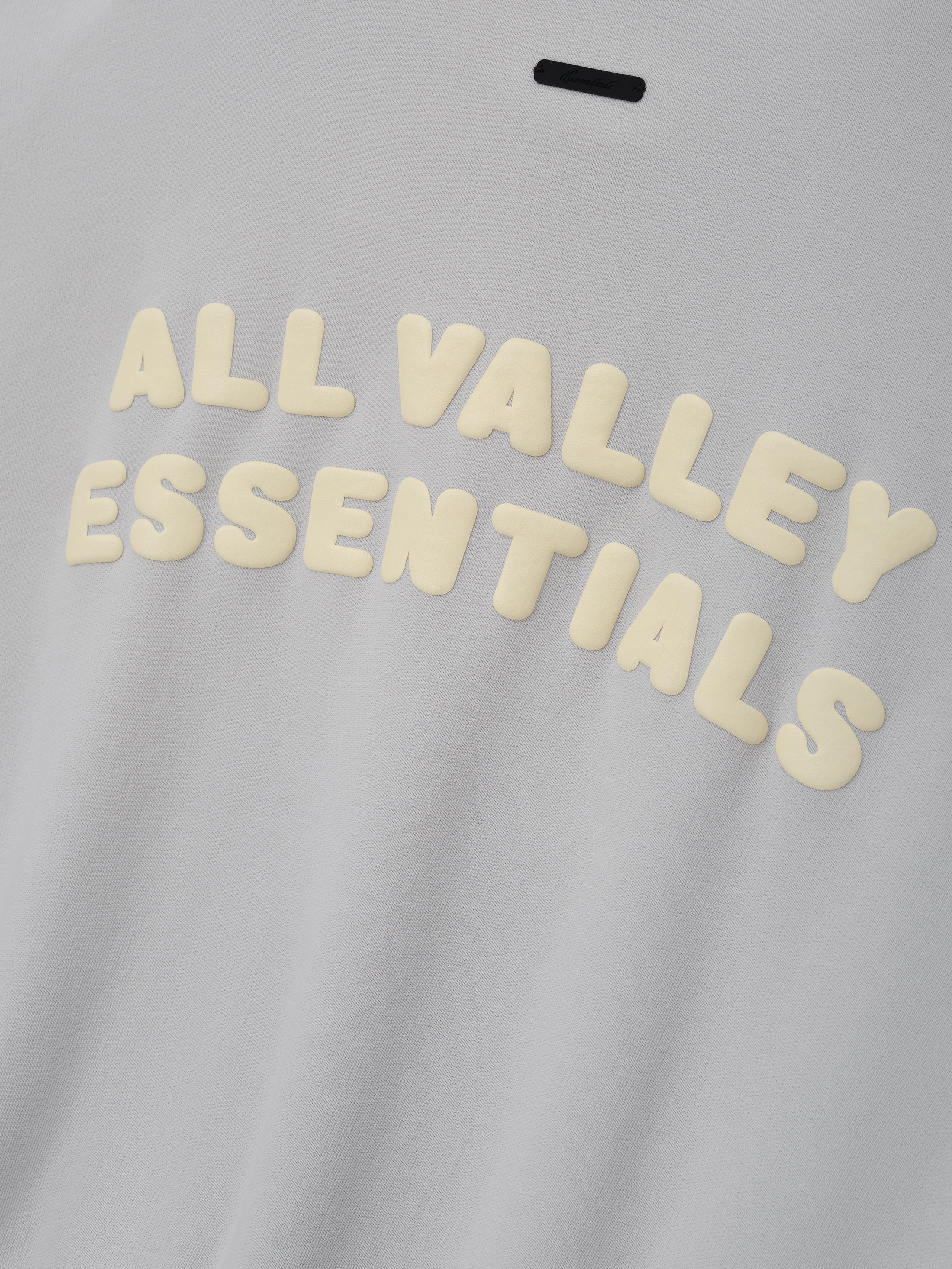 Womens French Terry Relaxed Half Zip in a soft washed overcast grey fabric, featuring raised cream lettering “All Valley Essentials” across the chest for a casual streetwear top.