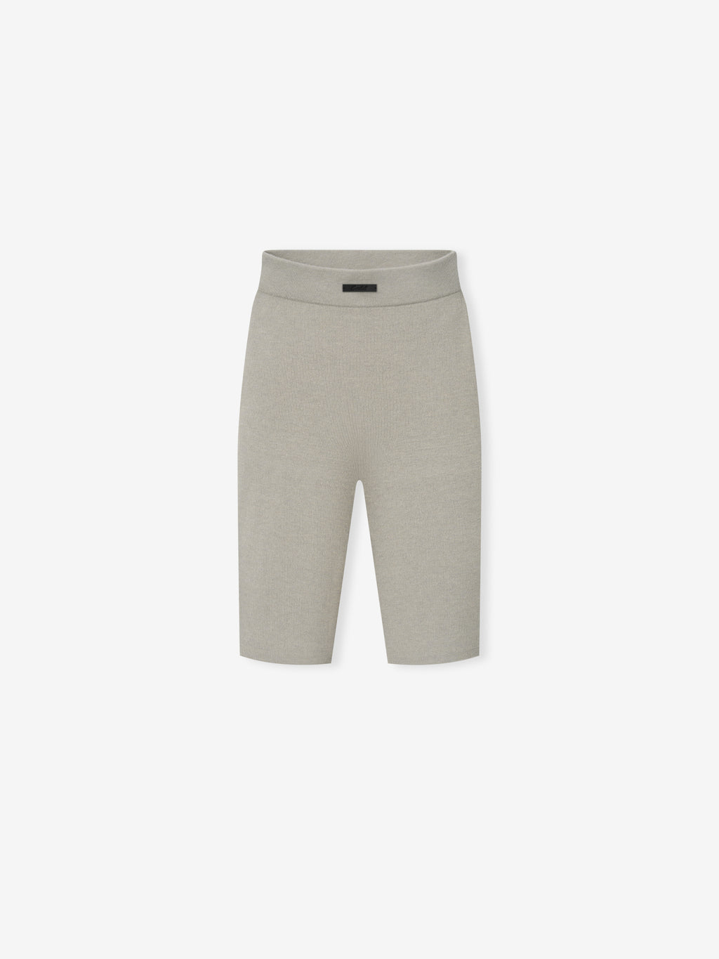 Womens Rib Knit Biker Short in a soft light grey ribbed fabric, featuring a high waistband and knee-length cut for a sleek, comfortable casual bottom.