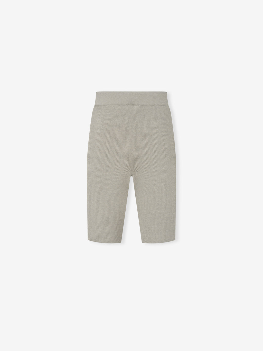 Womens Rib Knit Biker Short in a muted neutral tone, crafted from soft ribbed fabric with a high-rise waistband and mid-thigh length for a streamlined, casual fit.