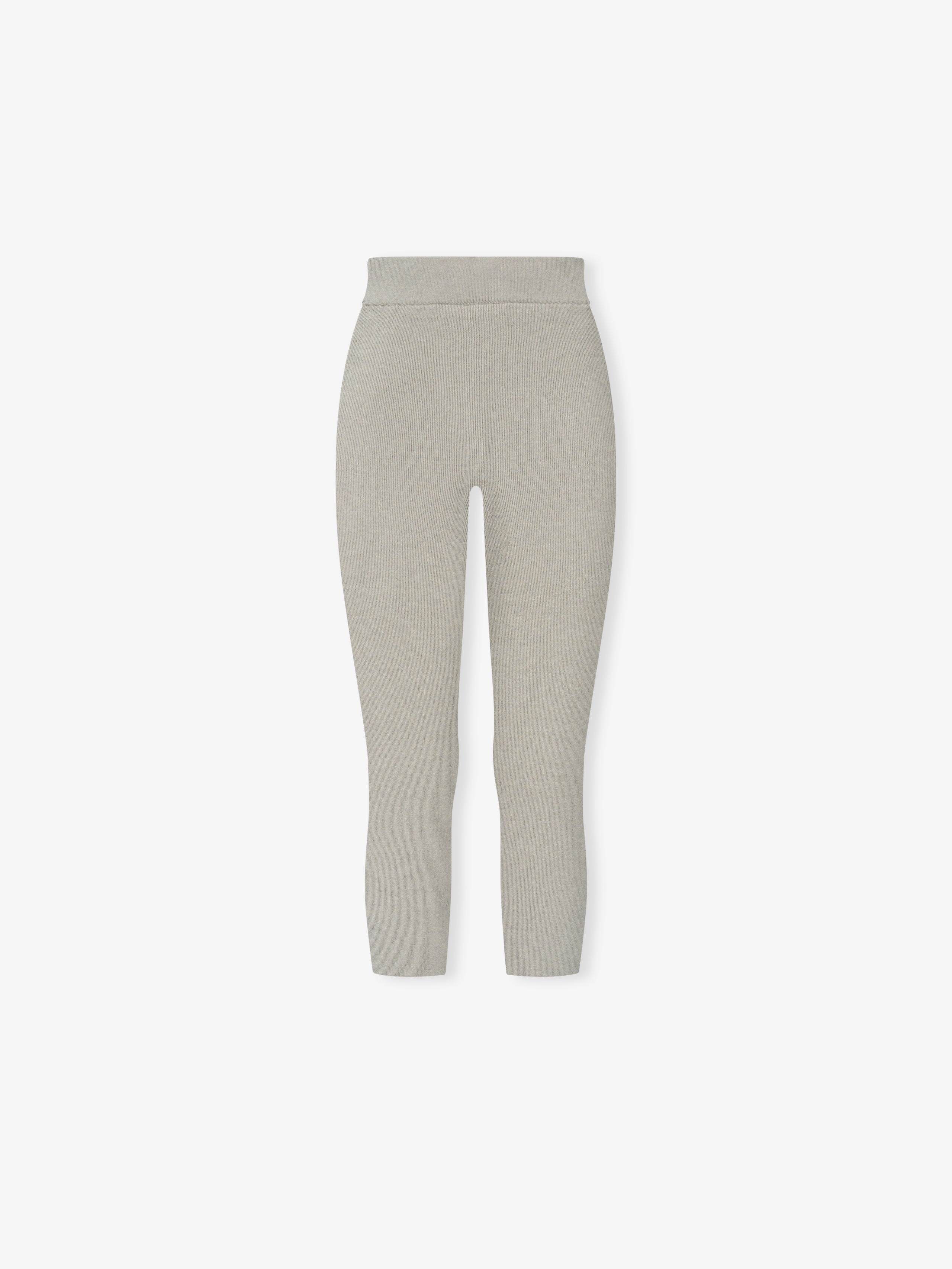 Womens Rib Knit Capri in a soft neutral beige tone, crafted from finely ribbed fabric with a high-rise waistband and cropped length for a cozy, stylish casual bottom.