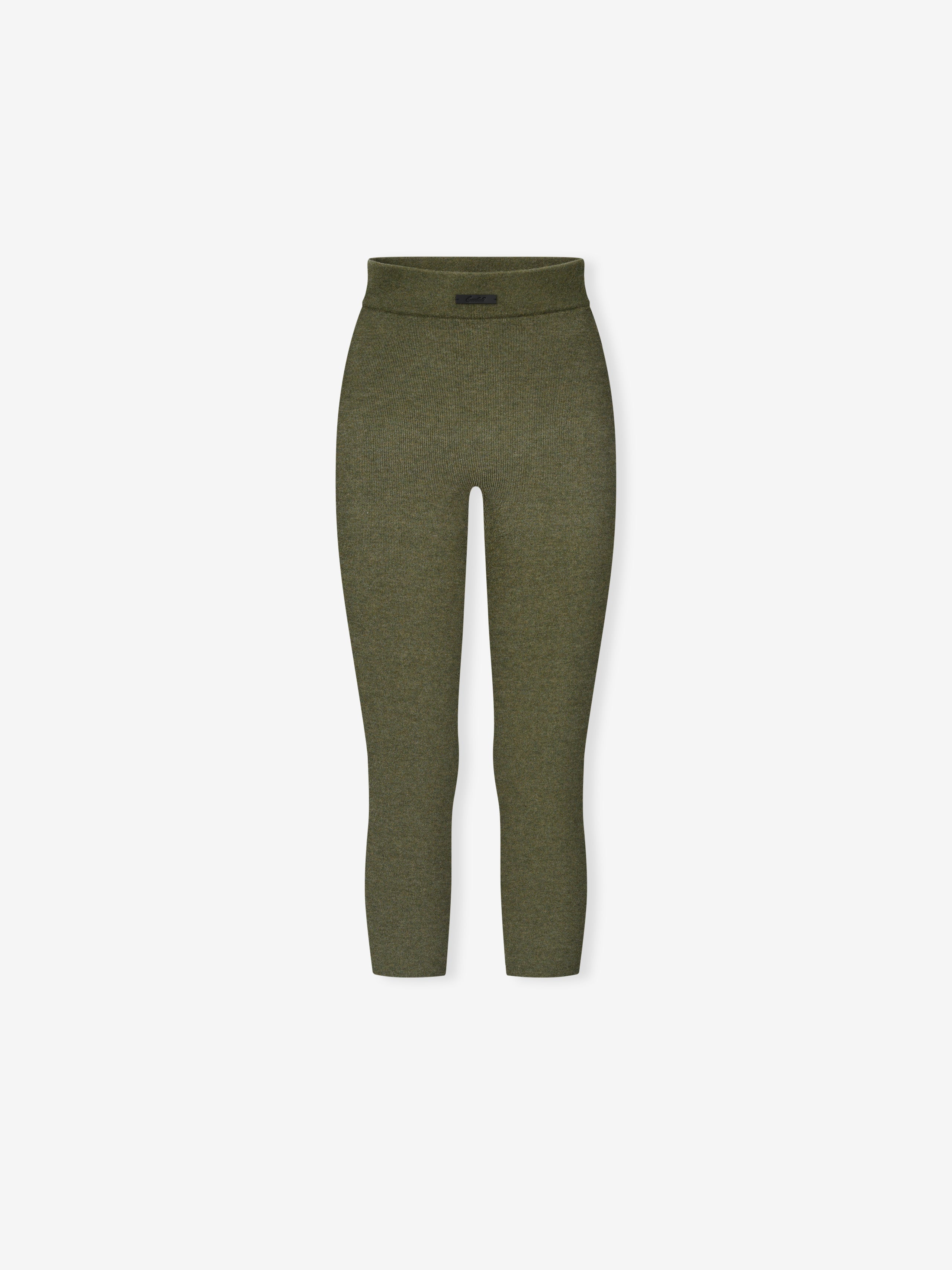 Womens Rib Knit Capri in a soft moss green shade, featuring a high-rise waist and stretchy ribbed knit fabric for a fitted, comfortable casual bottom.