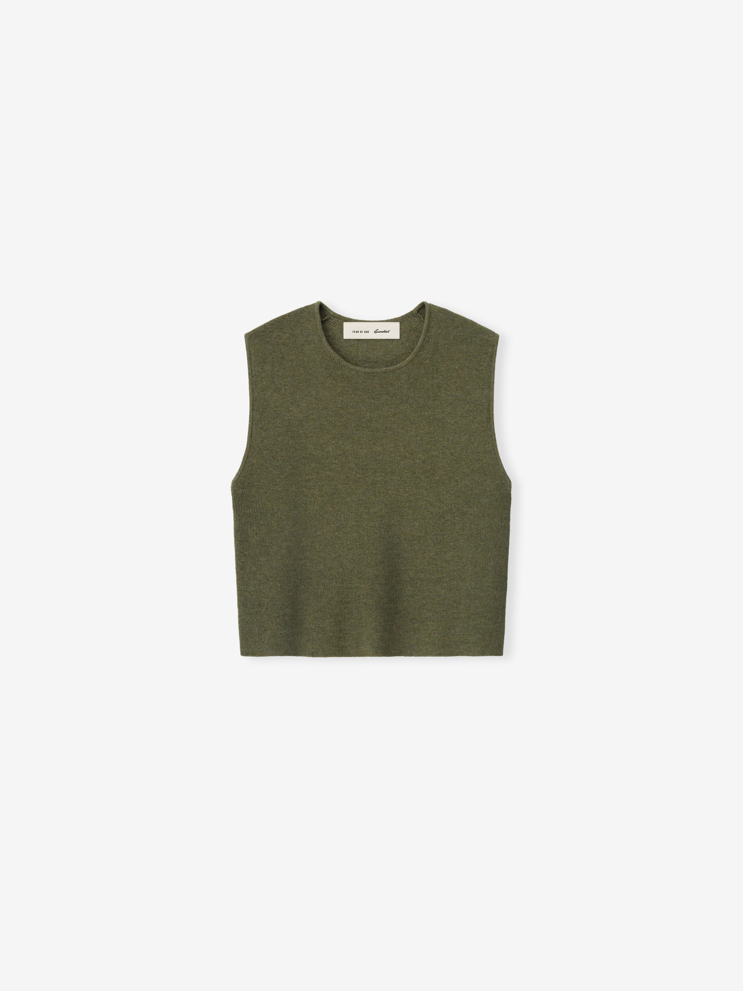 Womens Rib Knit Crop Top in a muted moss green shade, crafted from soft, finely textured rib knit fabric with a sleeveless design and a classic crew neckline for a versatile casual look.
