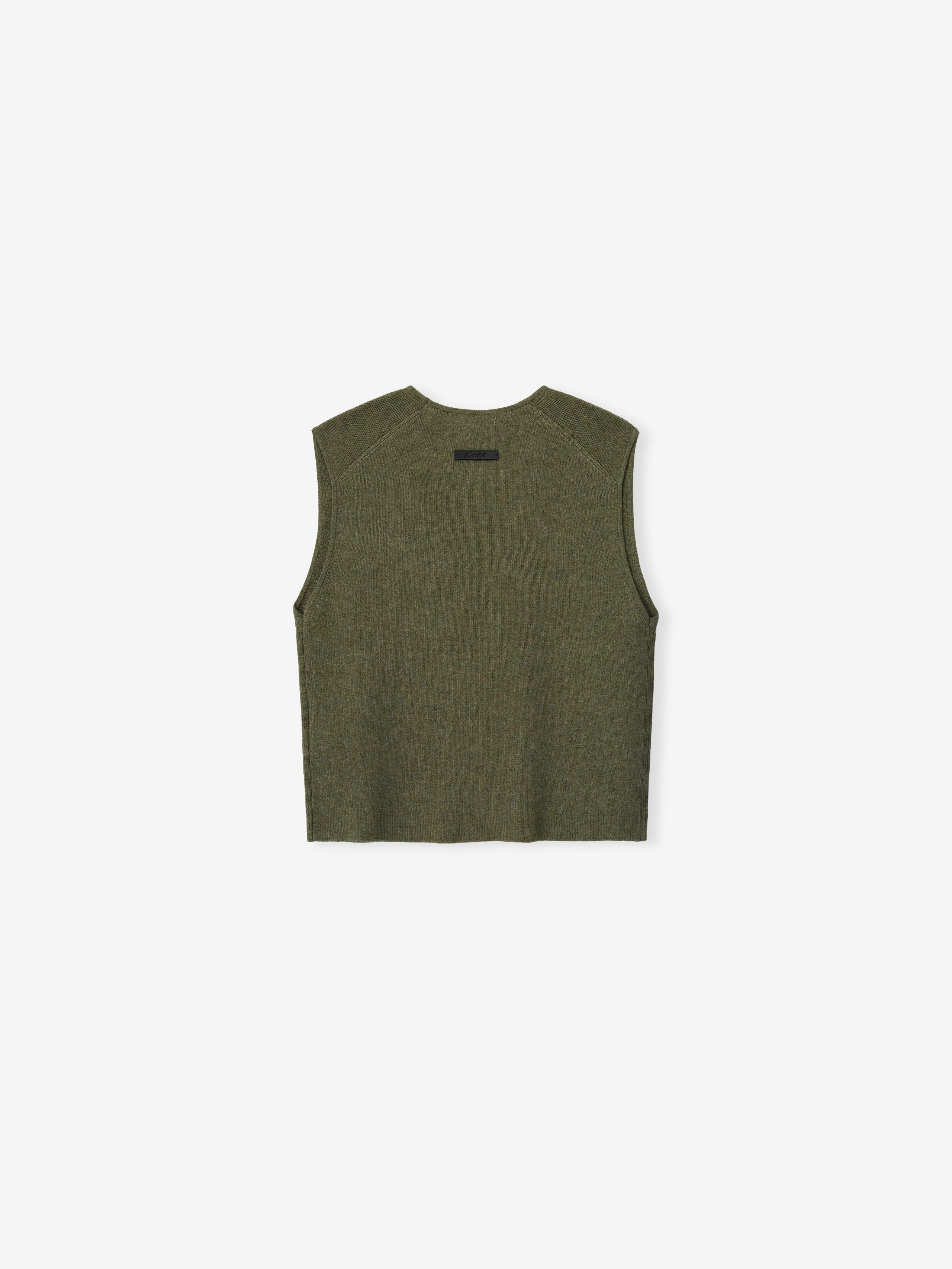 Womens Rib Knit Crop Top in an earthy olive green shade, featuring a sleeveless cut with a smooth ribbed texture and a relaxed, boxy fit for casual layering.