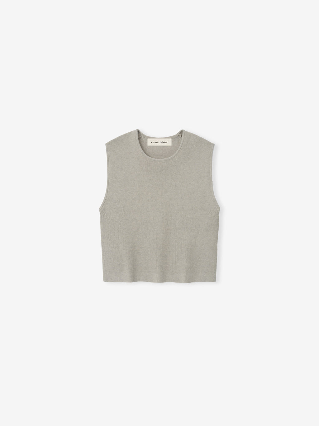 Womens Rib Knit Crop Top in a soft muted grey tone, featuring a sleeveless design with finely ribbed knit fabric and a classic crew neckline for a minimalist casual look.