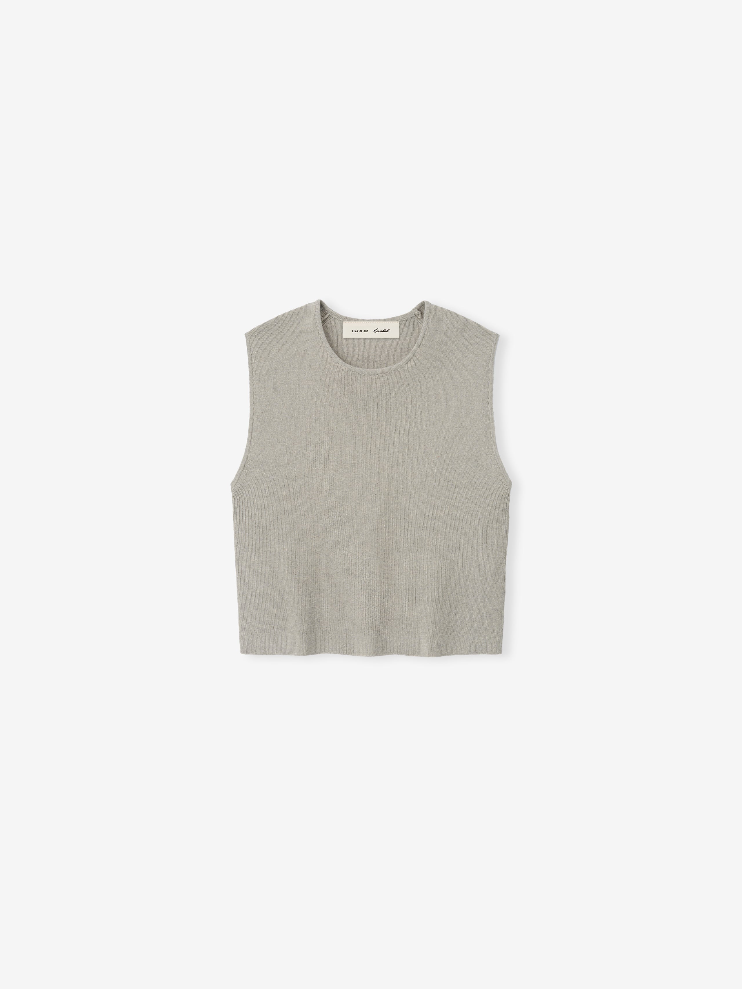 Womens Rib Knit Crop Top in a soft muted grey tone, featuring a sleeveless design with finely ribbed knit fabric and a classic crew neckline for a minimalist casual look.
