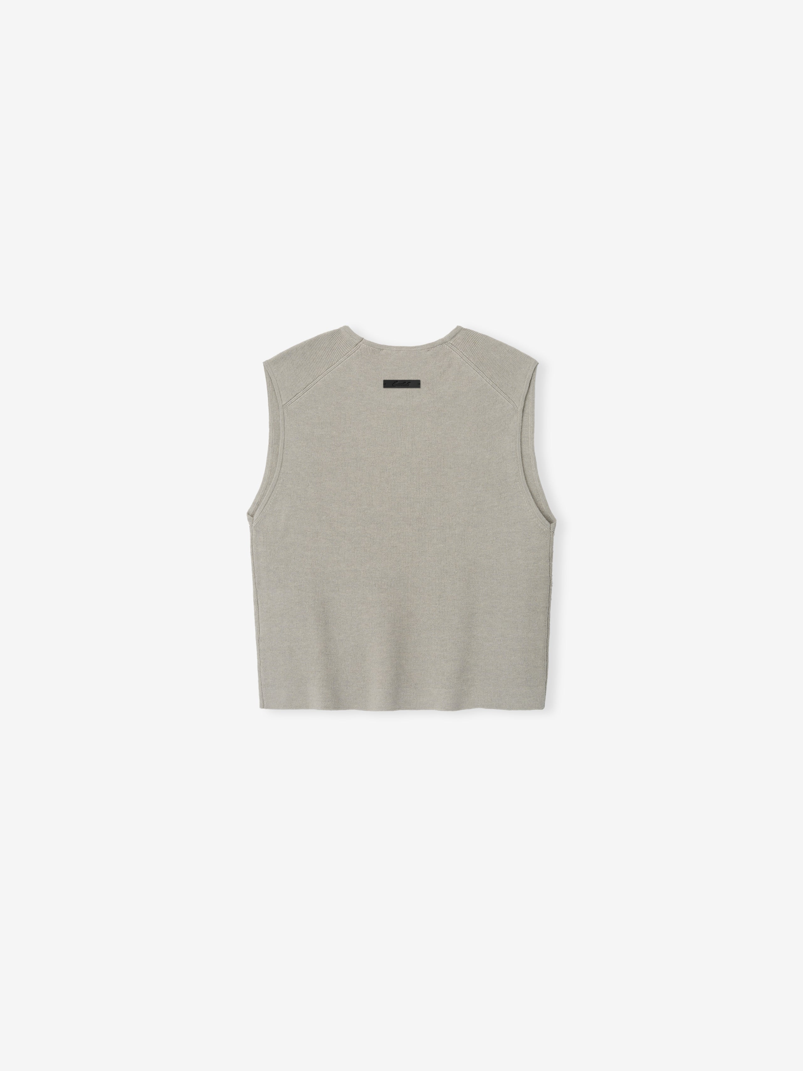 Womens Rib Knit Crop Top in a soft muted grey tone, featuring a sleeveless design with smooth ribbed fabric and a relaxed fit for casual layering.