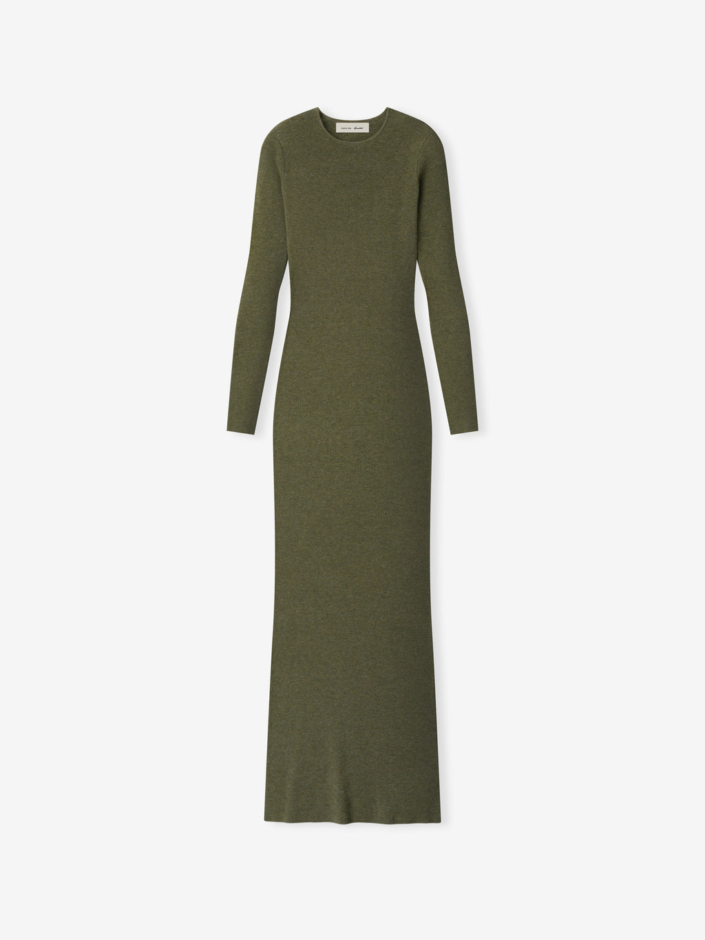 Womens Rib Knit Dress in a deep olive green shade, featuring a form-fitting silhouette with long sleeves and finely ribbed knit fabric for a sleek, minimalist look.