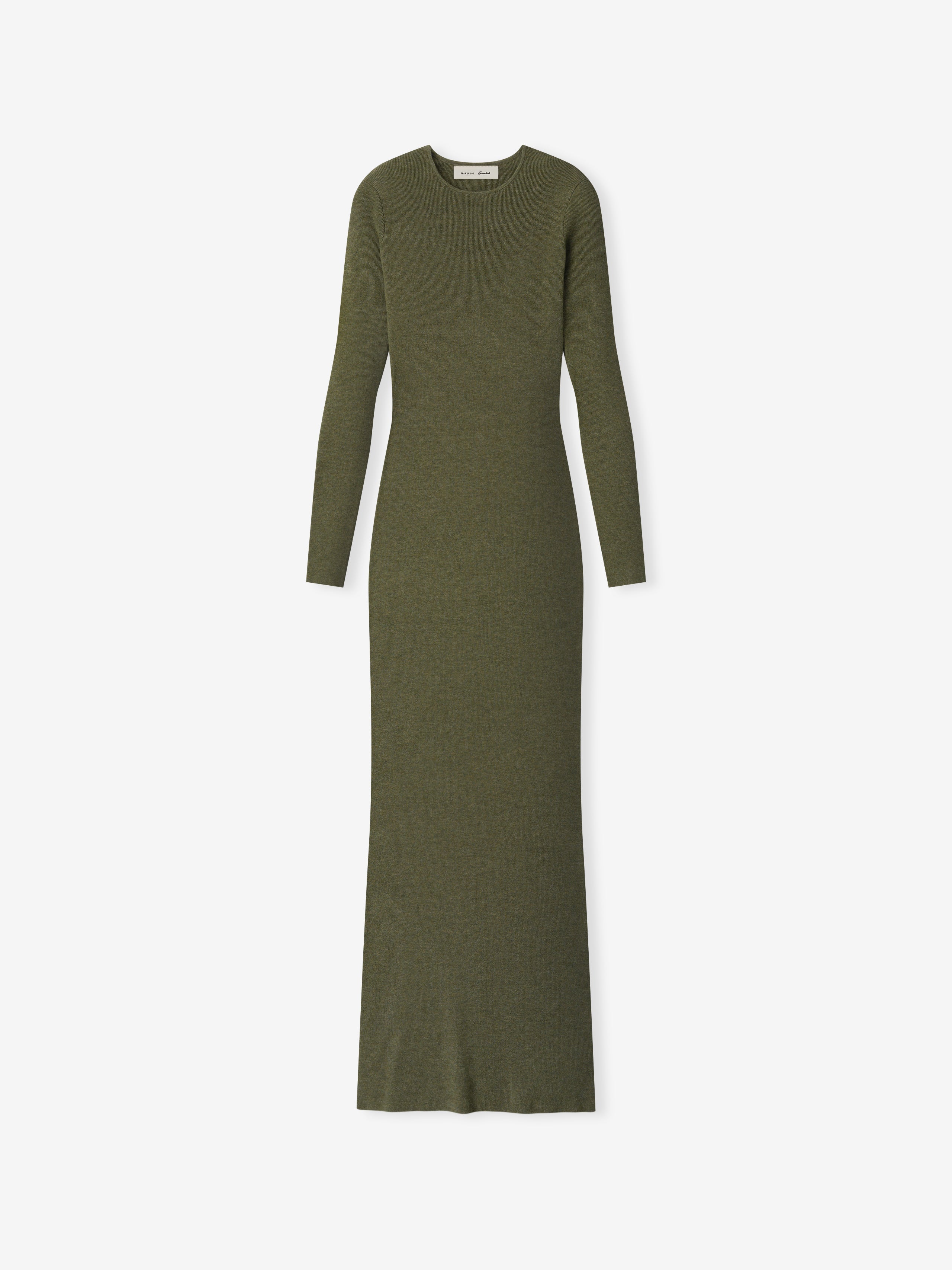 Womens Rib Knit Dress in a deep olive green shade, featuring a form-fitting silhouette with long sleeves and finely ribbed knit fabric for a sleek, minimalist look.
