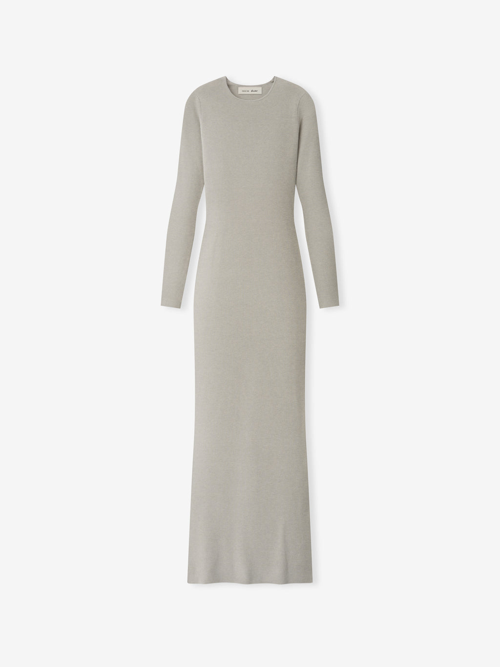 Womens Rib Knit Dress in a soft muted grey tone, featuring a long-sleeve design with a smooth, finely textured ribbed fabric and a slim, ankle-length silhouette for understated elegance.