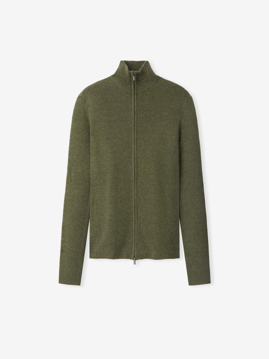 Womens Rib Knit Zip Up Jacket in a muted moss green shade, featuring a finely textured knit fabric with a high collar and full-length zipper for a sleek and functional outerwear piece.