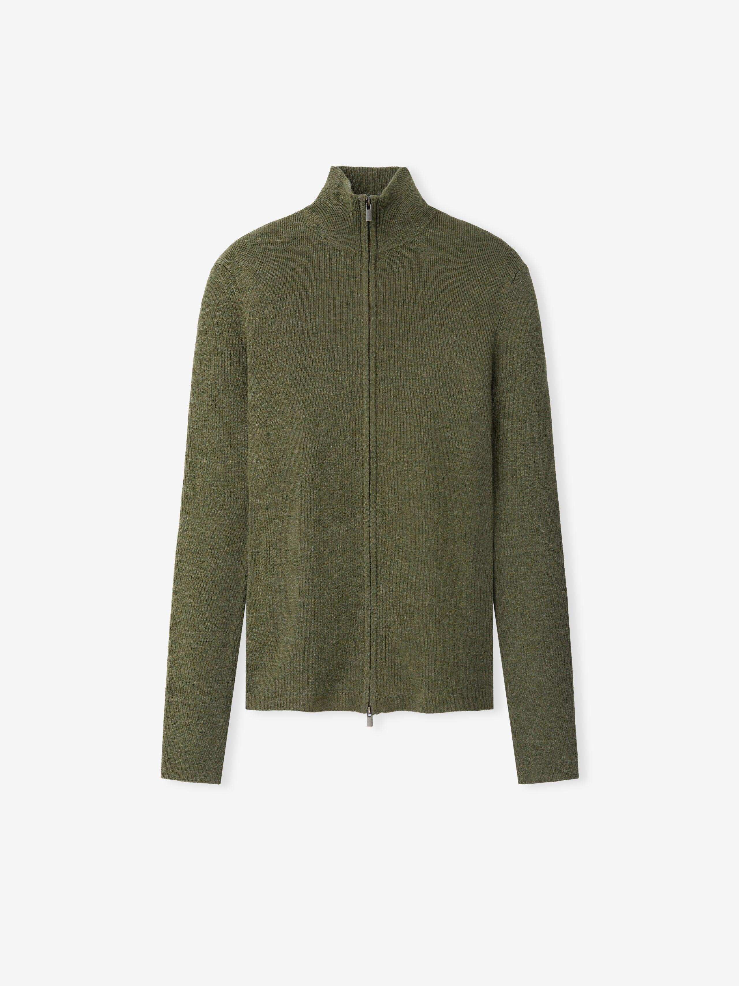 Womens Rib Knit Zip Up Jacket in a muted moss green shade, featuring a finely textured knit fabric with a high collar and full-length zipper for a sleek and functional outerwear piece.