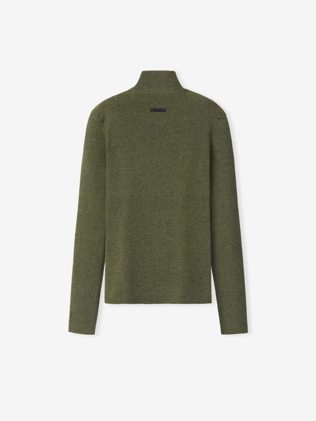 Womens Rib Knit Zip Up Jacket in an earthy olive green hue, featuring a smooth, finely knit fabric with a high collar and long sleeves for a sleek outerwear piece.