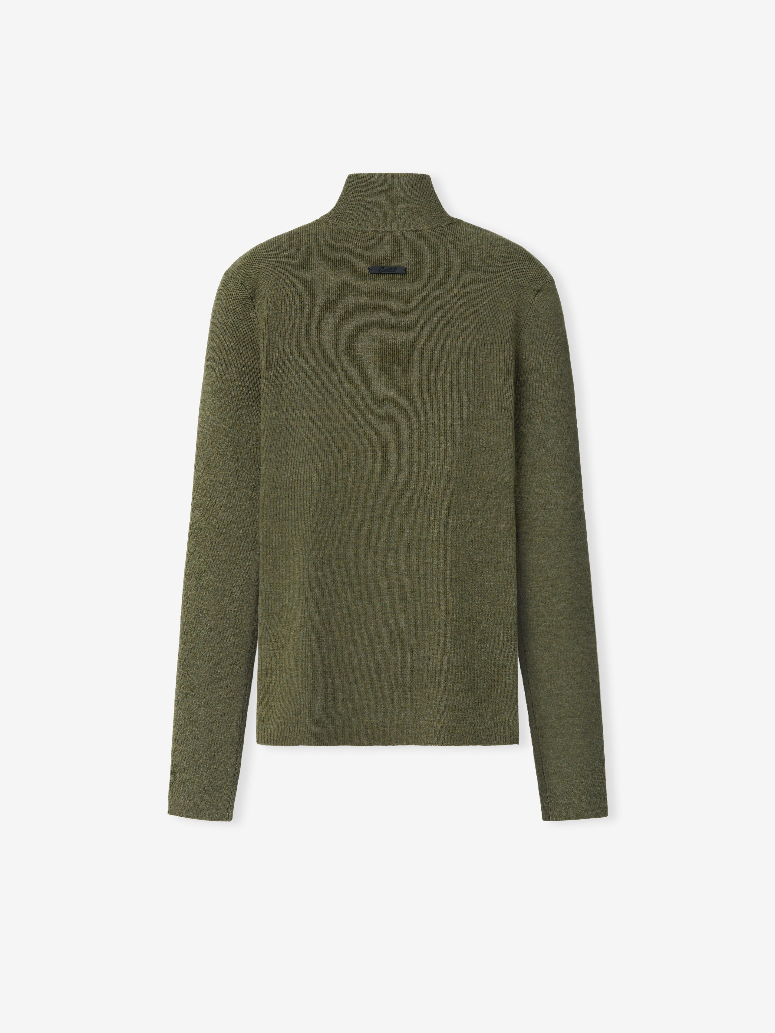 Womens Rib Knit Zip Up Jacket in an earthy olive green hue, featuring a smooth, finely knit fabric with a high collar and long sleeves for a sleek outerwear piece.