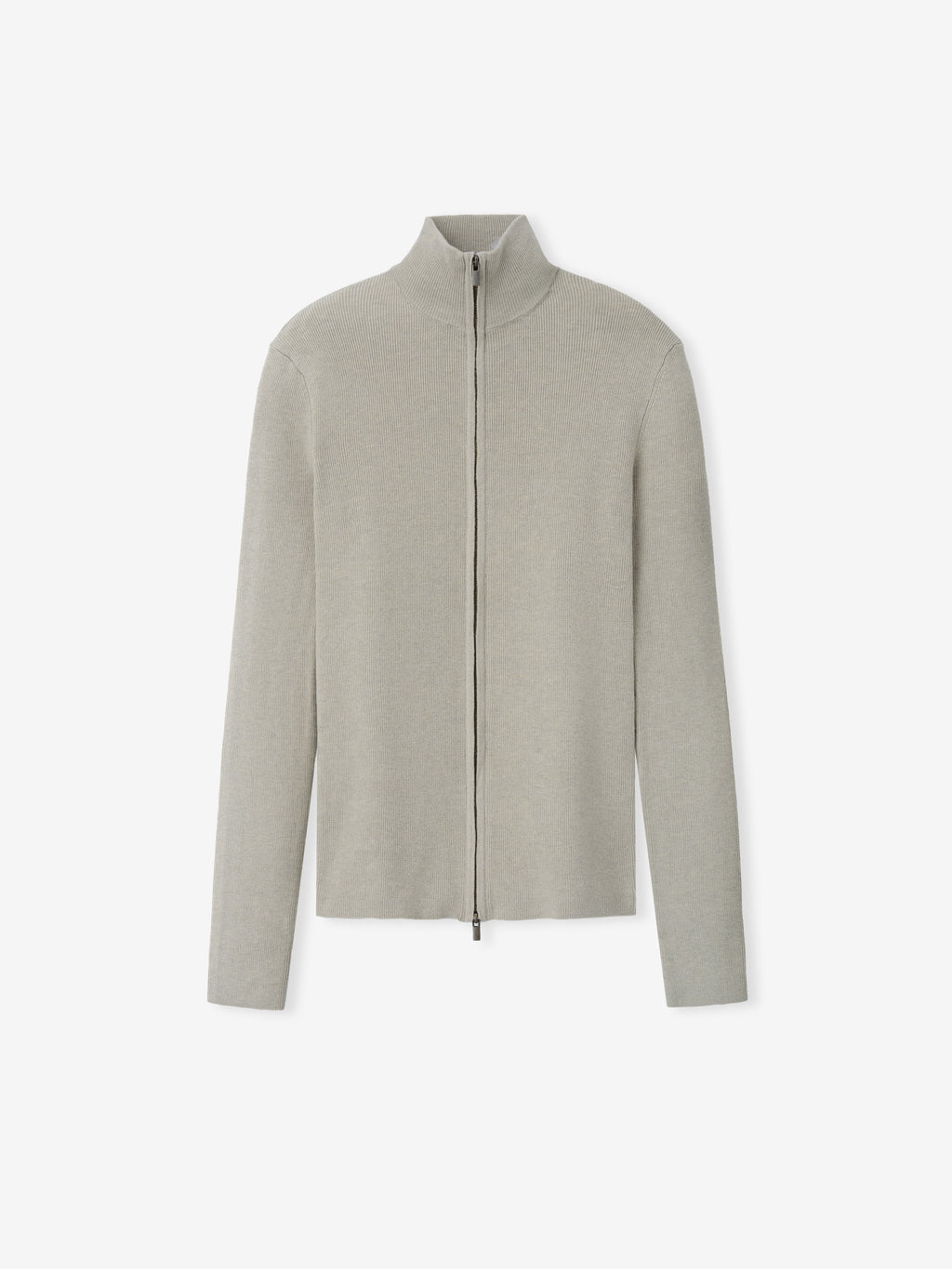 Womens Rib Knit Zip Up Jacket in a soft dove grey, featuring a fine ribbed texture with a high collar and a full-length zipper for a clean, modern outerwear look.