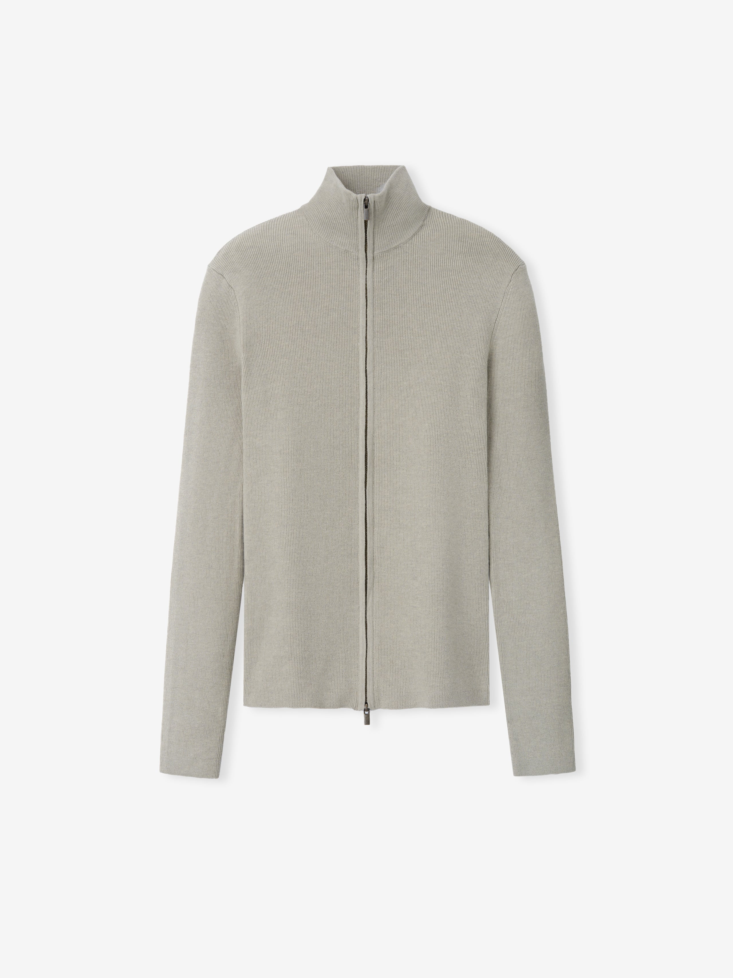 Womens Rib Knit Zip Up Jacket in a soft dove grey, featuring a fine ribbed texture with a high collar and a full-length zipper for a clean, modern outerwear look.