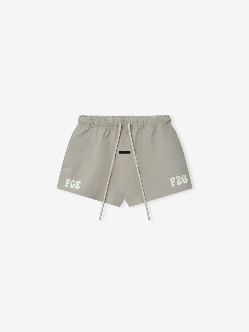 Running Short in a muted neutral tone, featuring a lightweight fabric with an elastic waistband, adjustable drawstrings, and bold printed details for sporty casual bottoms.