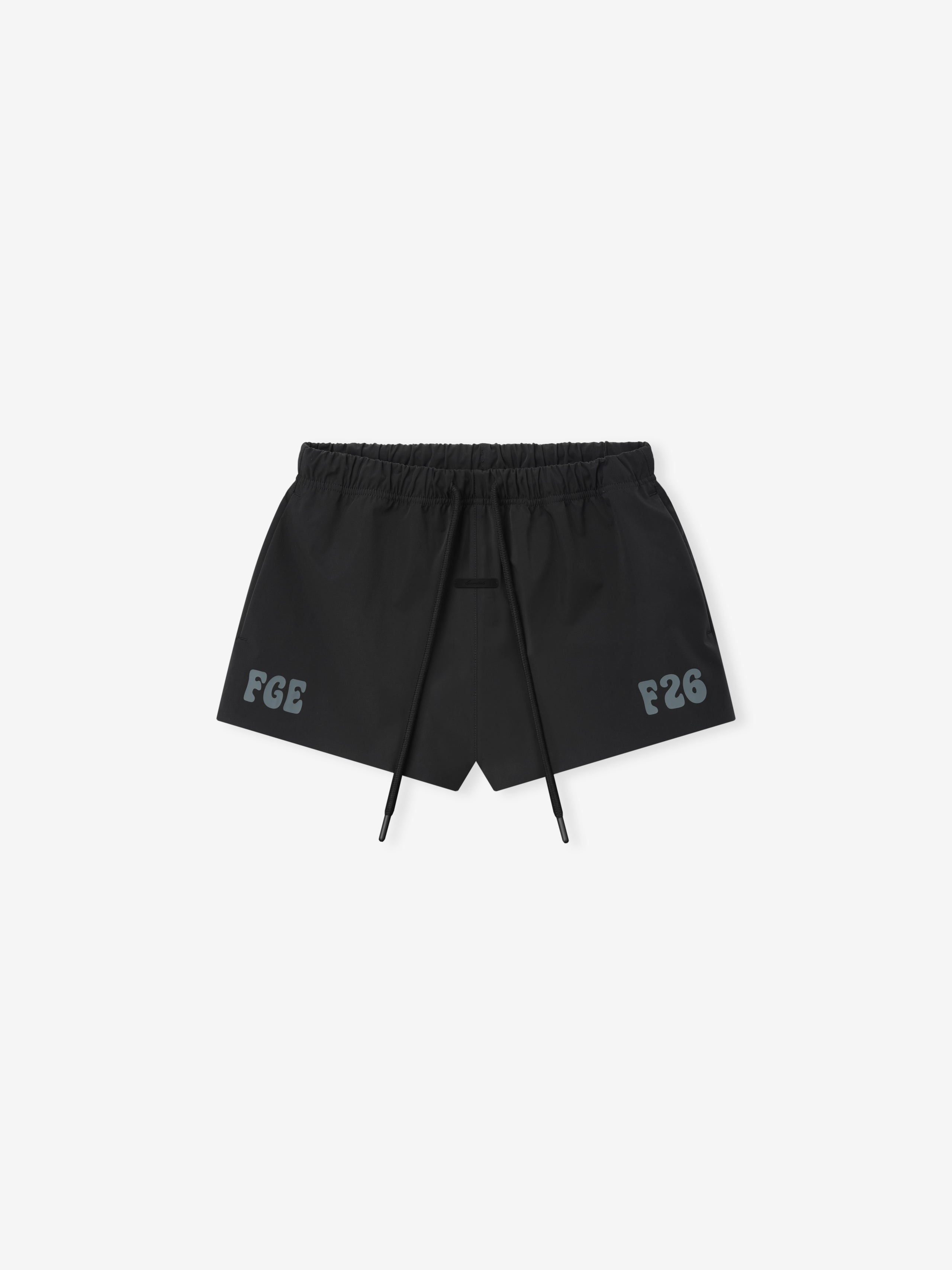 Womens Running Short in a deep vintage black shade, crafted from lightweight fabric with an elastic waistband and adjustable drawstrings, featuring subtle tonal branding for a sleek sporty look.
