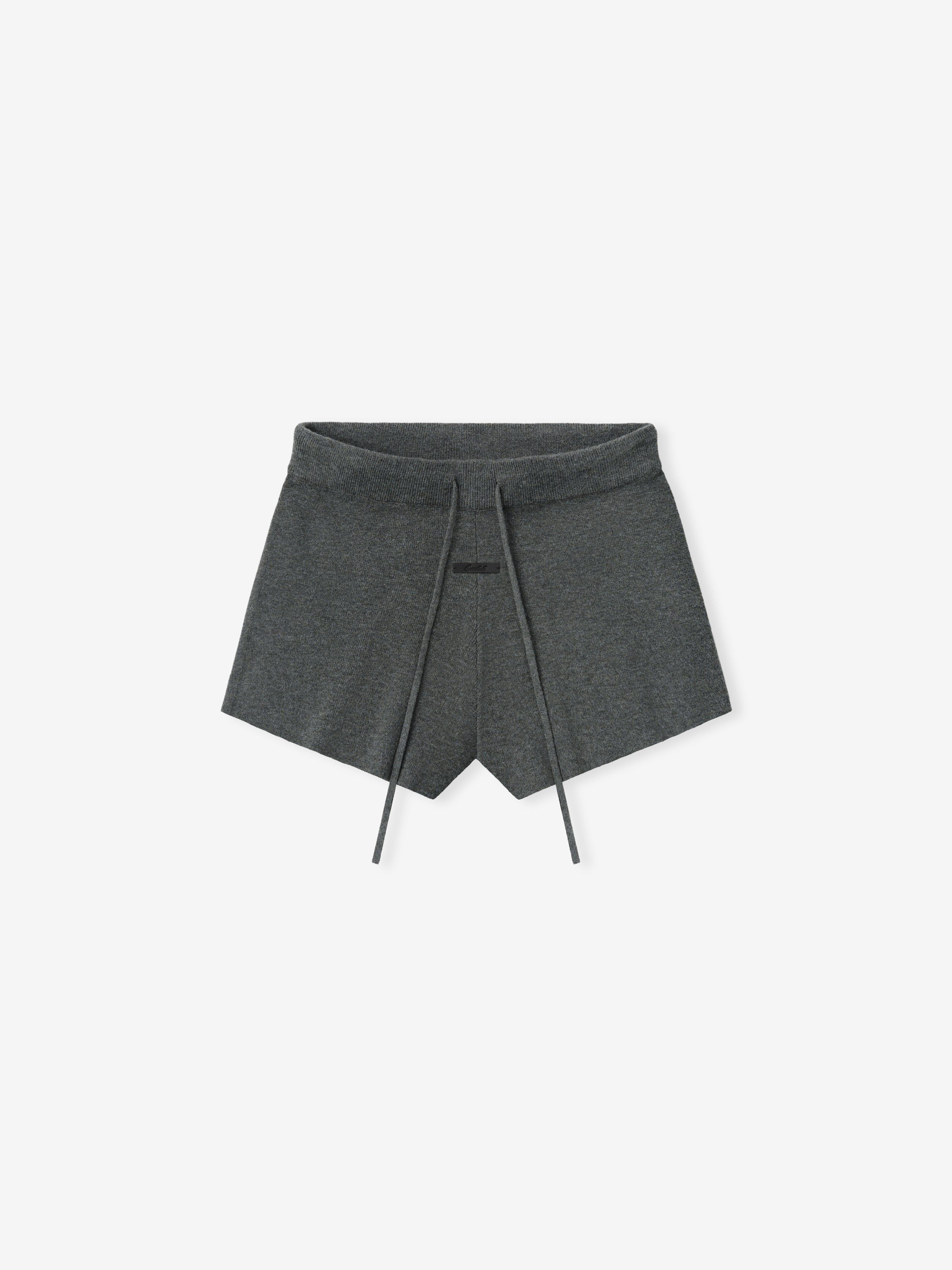 Womens Soft Knit Running Short in a dark grey tone, featuring a soft knitted fabric with a drawstring waistband for an adjustable fit, designed as comfortable sporty bottoms.