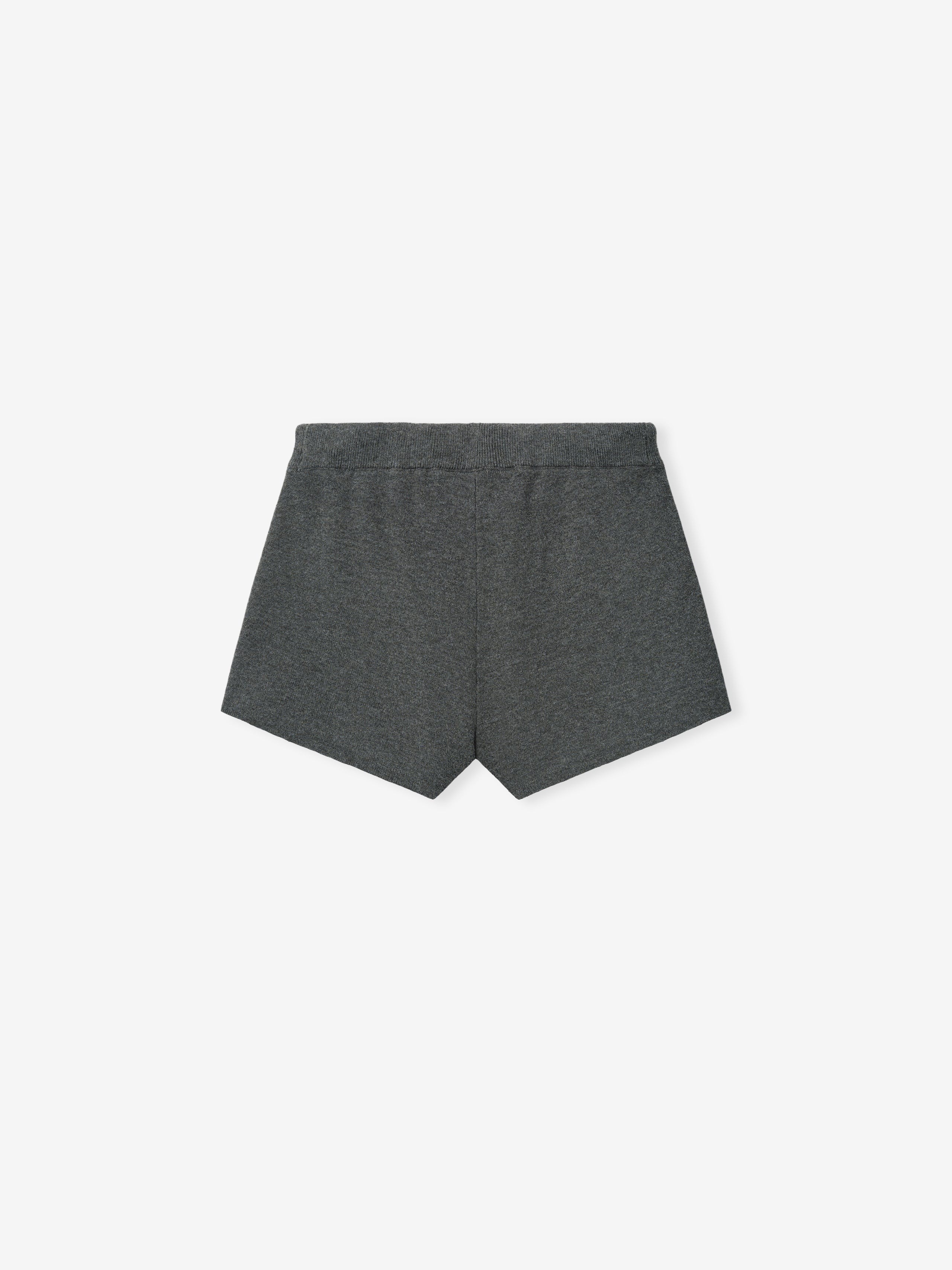 Womens Soft Knit Running Short in a deep iron grey tone, crafted from a soft knit fabric with an elastic waistband for a comfortable, flexible fit perfect for active bottoms.