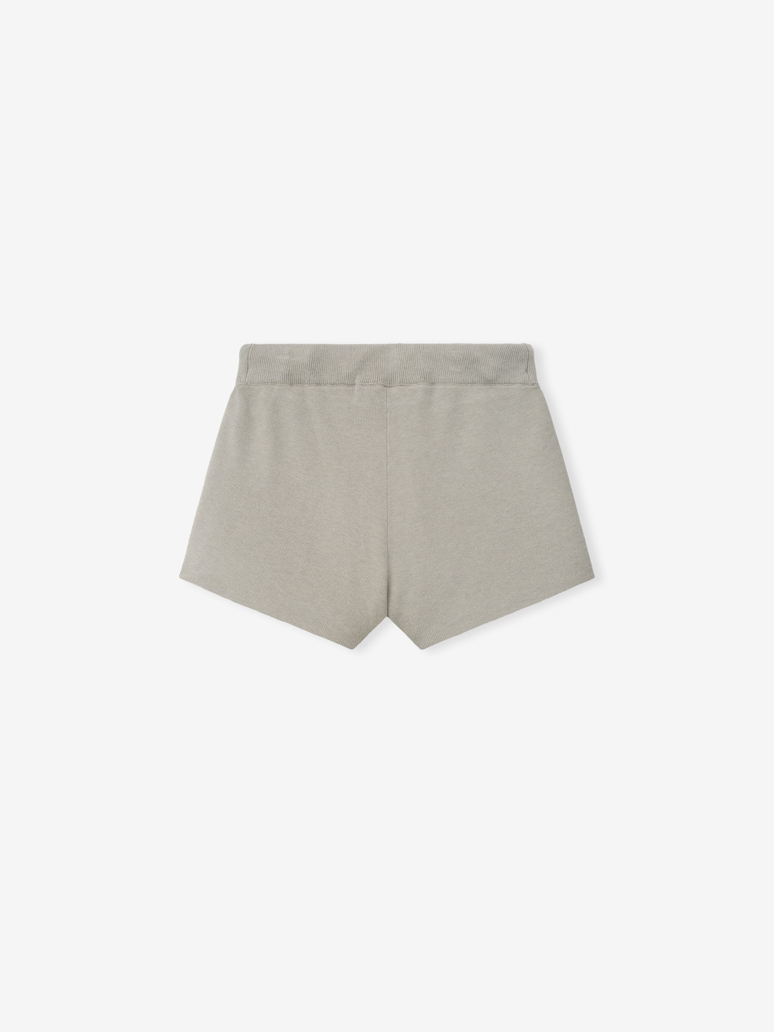 Womens Soft Knit Running Short in a subtle muted grey shade, featuring a soft knit texture with a clean waistband designed for a streamlined and comfortable fit in casual bottoms.