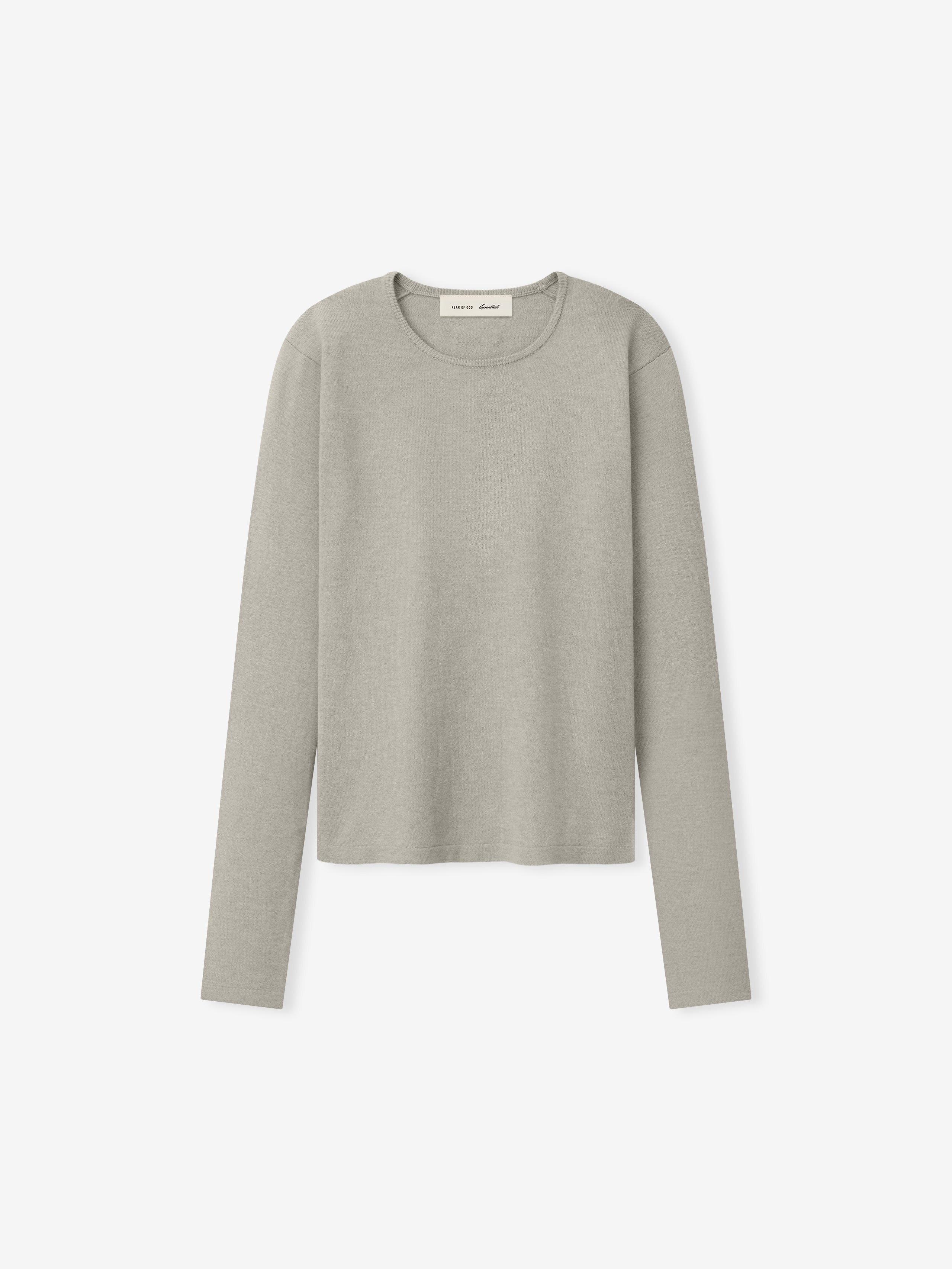 Womens Soft Knit Slim Longsleeve in a soft pale grey shade, featuring a finely textured knit fabric with a clean round neckline and tailored slim fit for versatile casual tops.