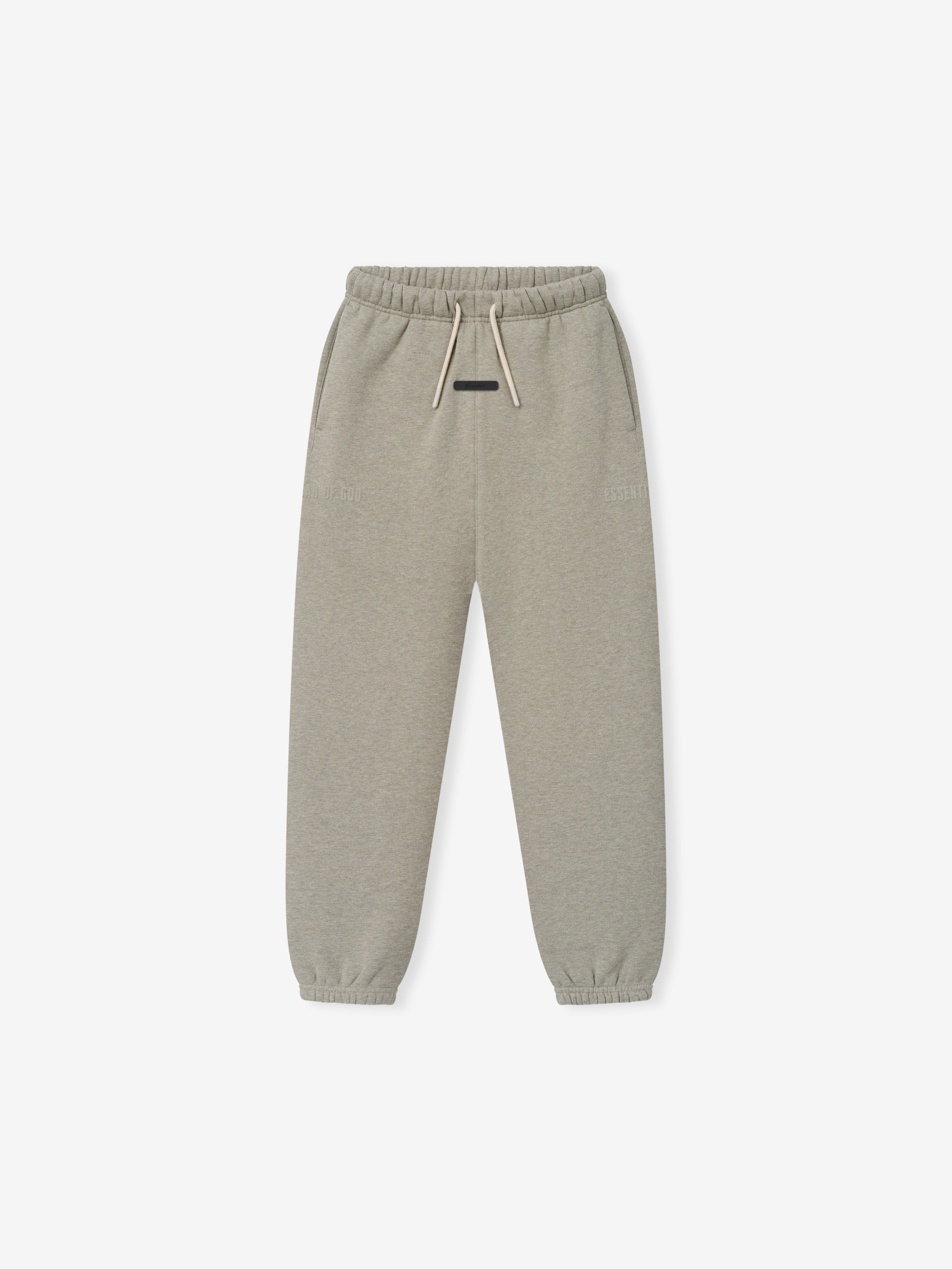 Kids Classic Fleece Sweatpant in a muted taupe heather color, featuring an elastic waistband with adjustable drawstrings, side pockets, and cuffed ankles for a cozy fit in kids' bottoms.